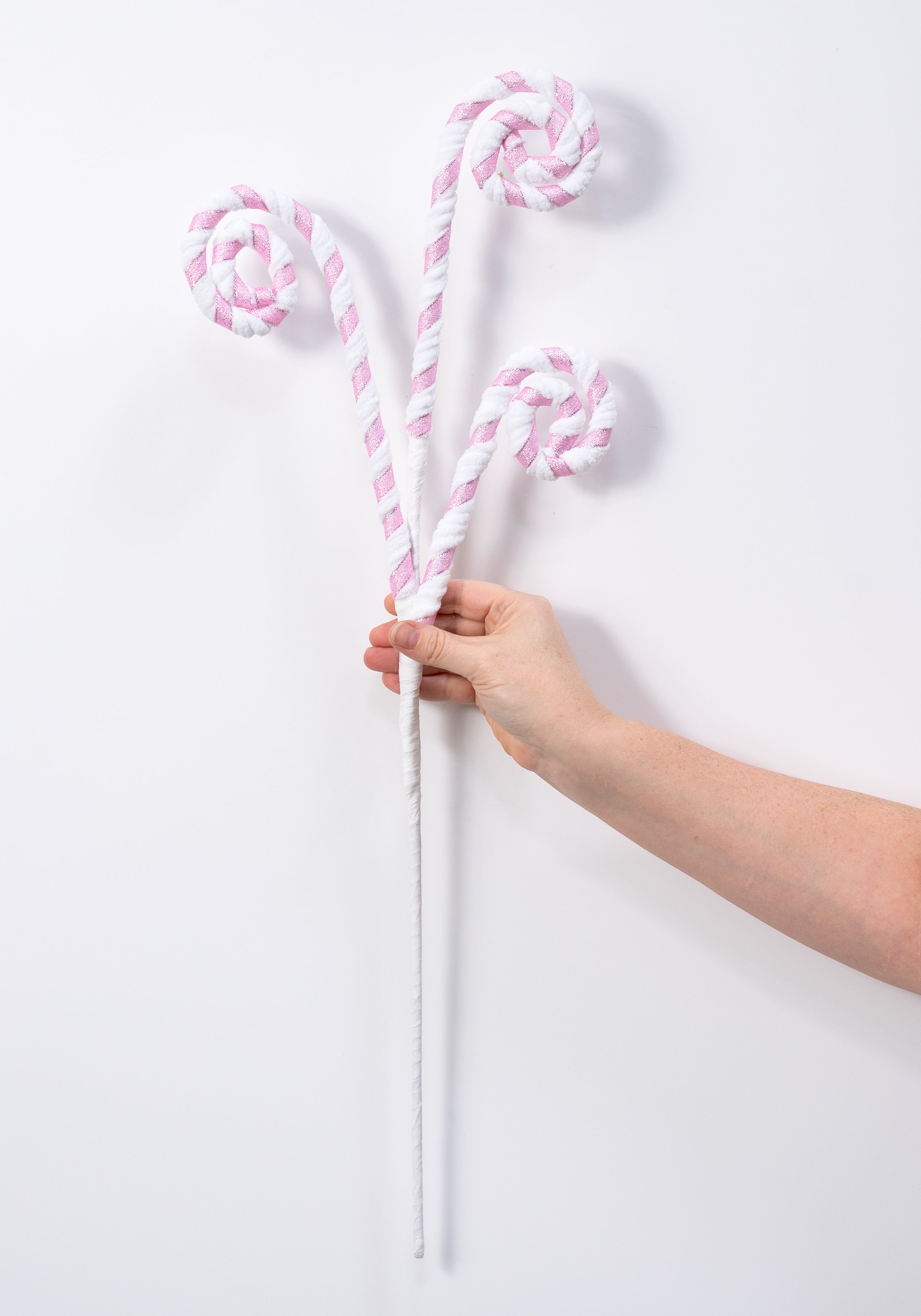 28" Peppermint Chenille Stripes Curly Spray: Pink & White