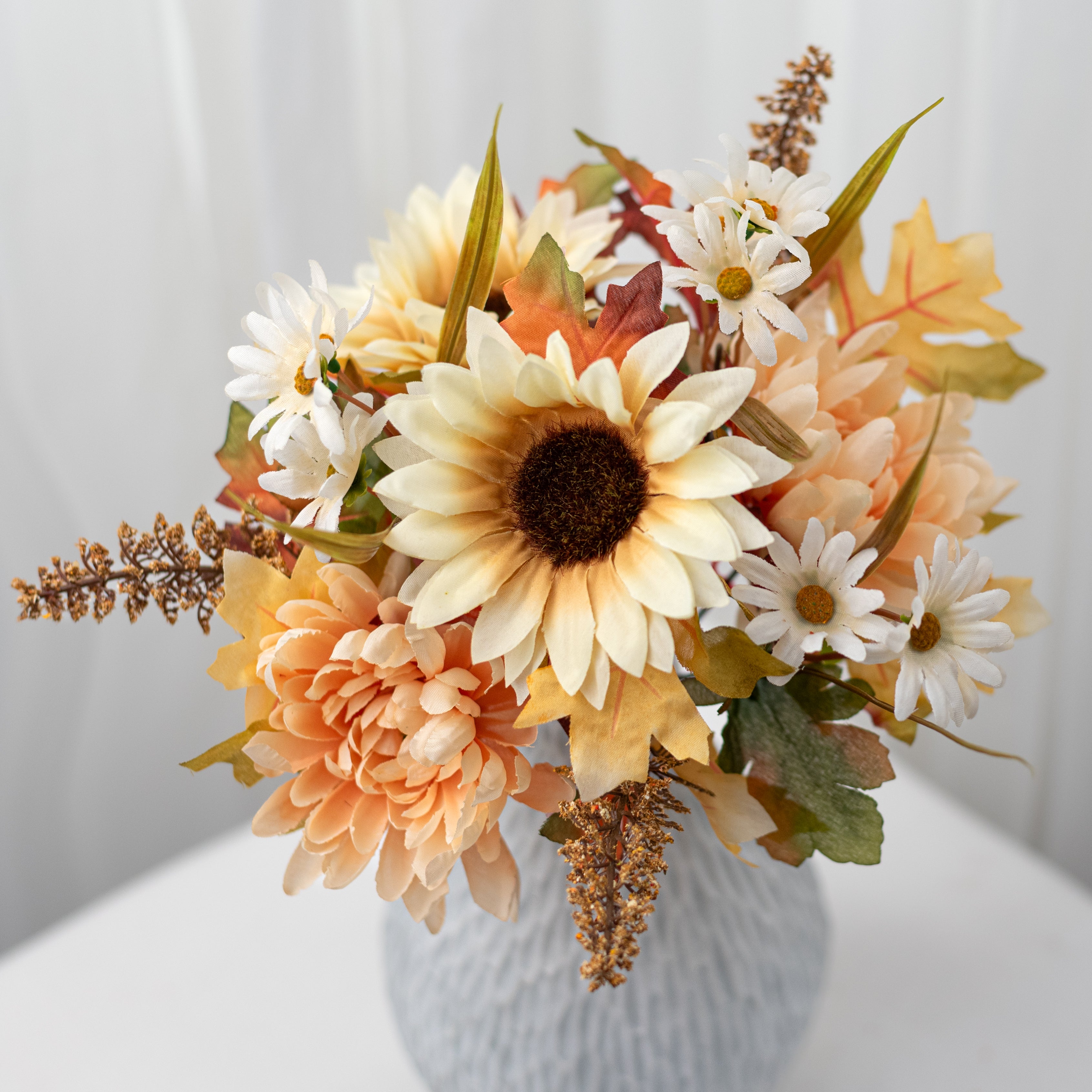 13" Mixed Mum & Sunflower Bush: Beige (10 Stem)