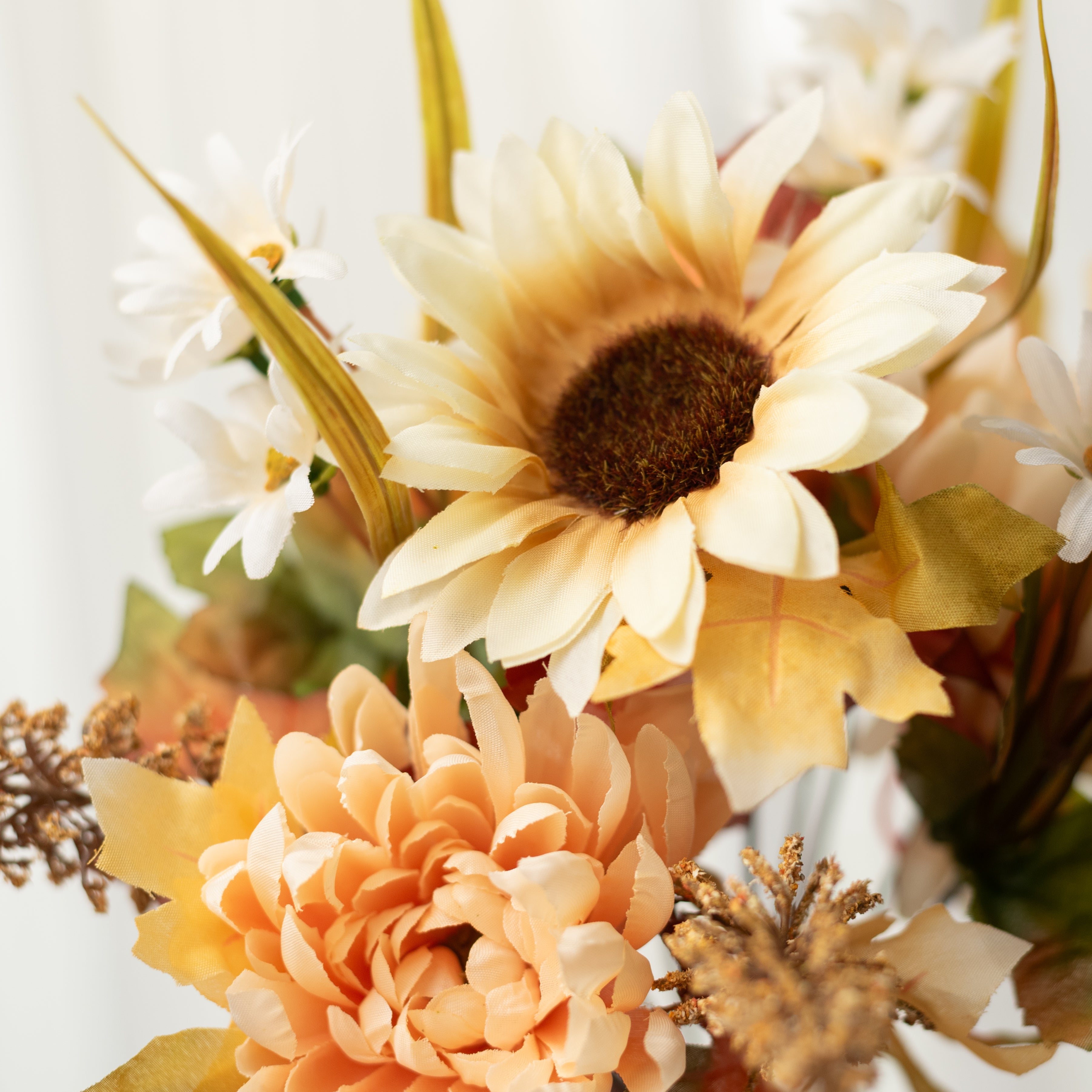 13" Mixed Mum & Sunflower Bush: Beige (10 Stem)