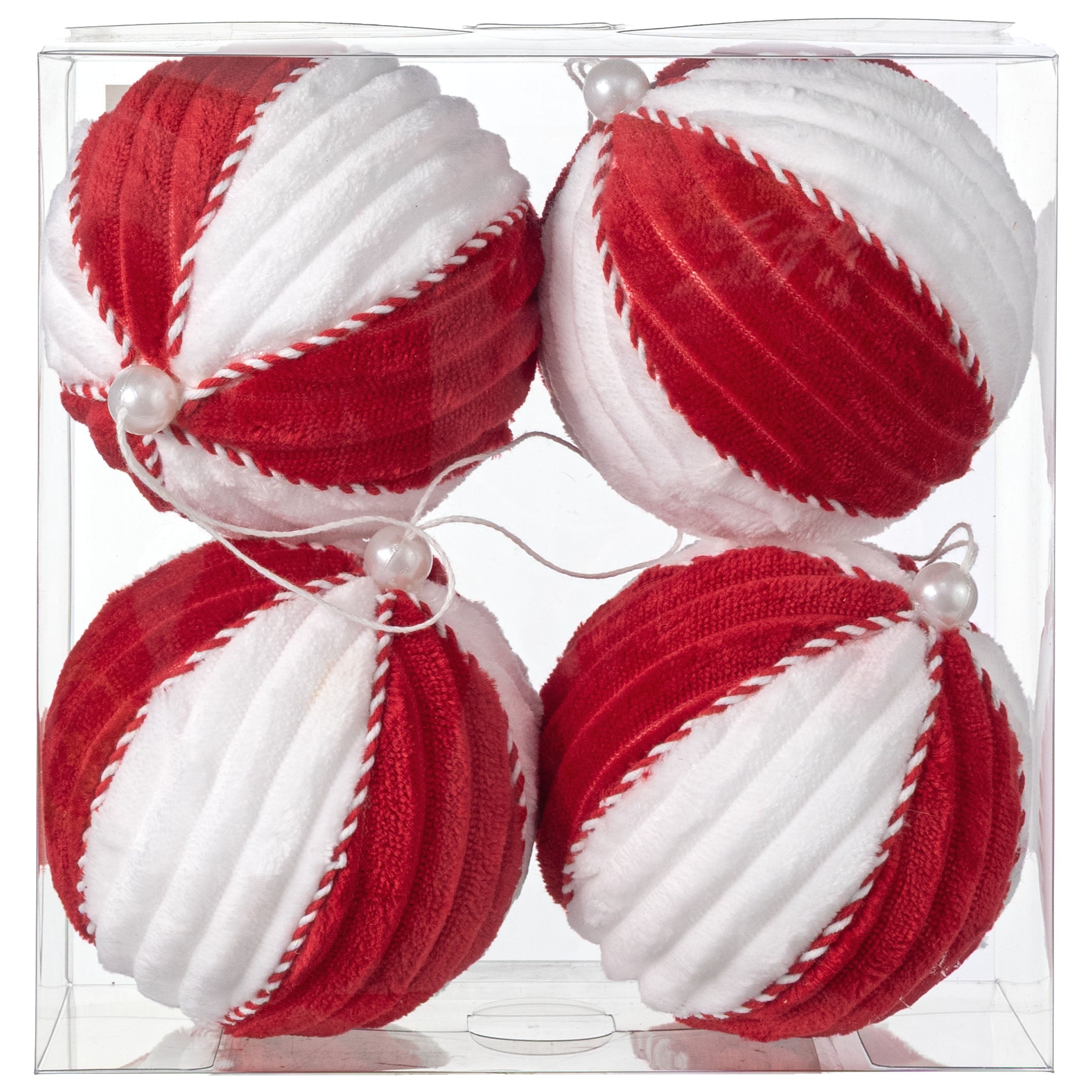 4" Velvet Ball Ornament: Red & White Stripe (Set of 4)