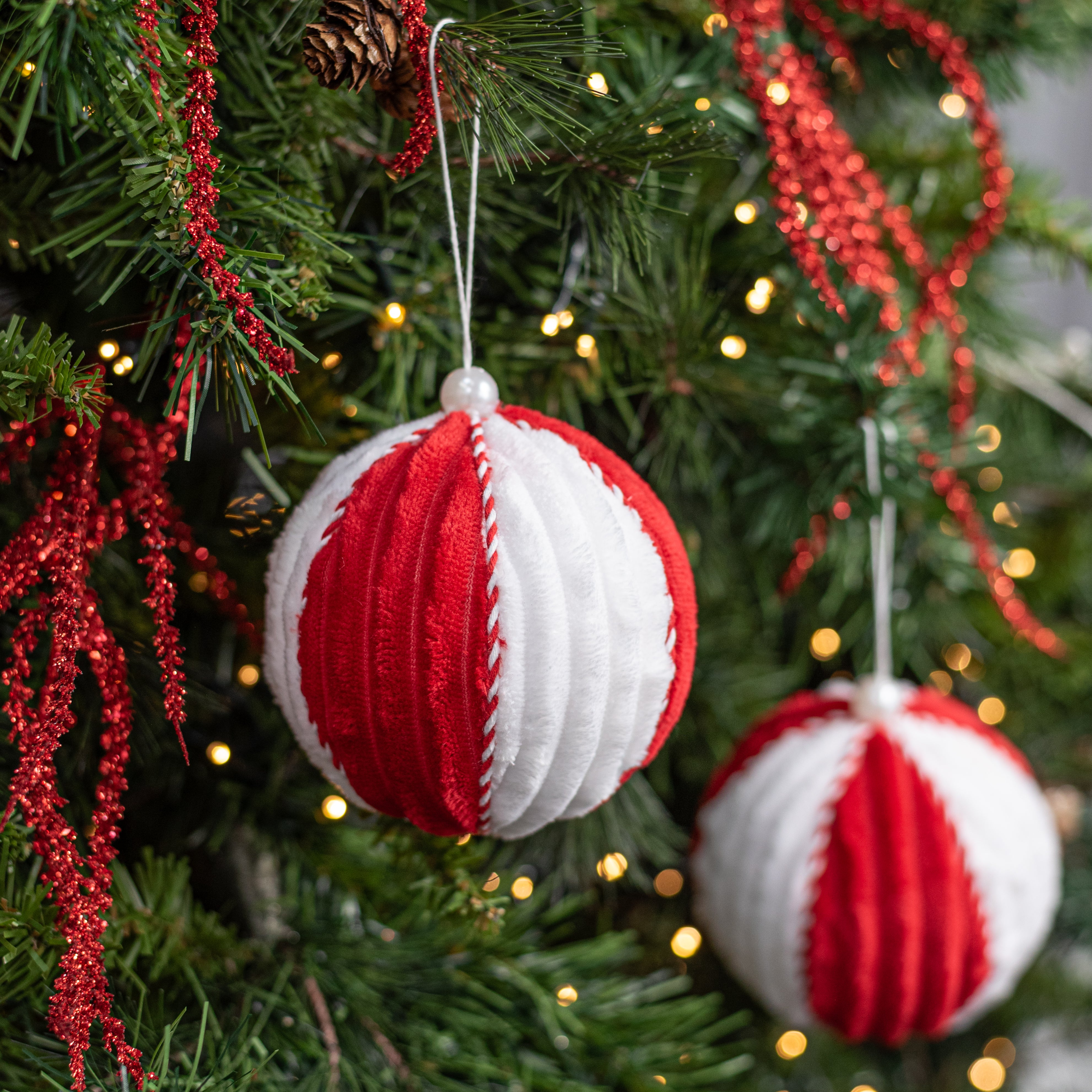 4" Velvet Ball Ornament: Red & White Stripe (Set of 4)
