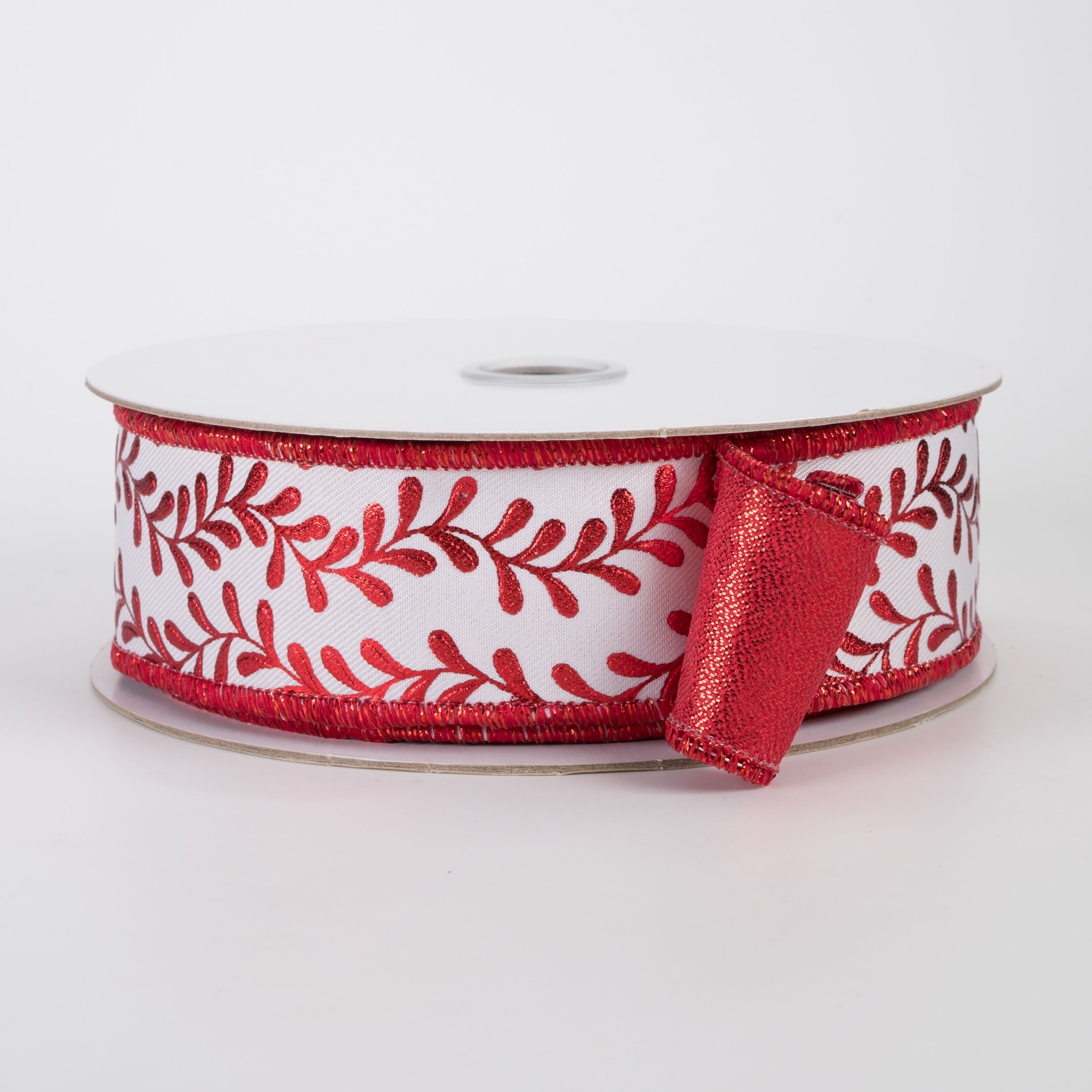 1.5" Double Sided Fused Foil Leaf Garland Ribbon: Red on White (10 Yards)