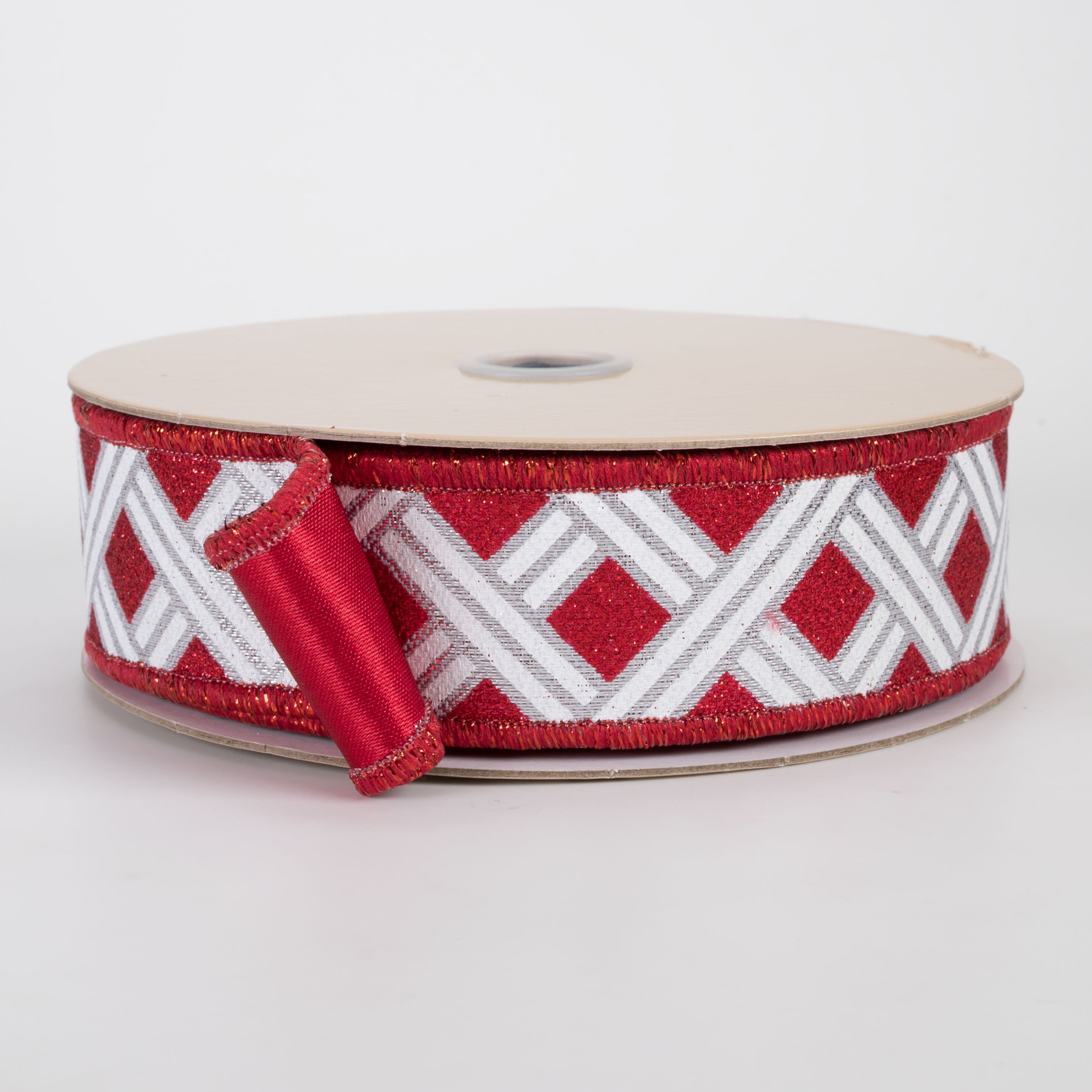 1.5" Double Sided Fused Metallic Basketweave Ribbon: Red & Silver (10 Yards)