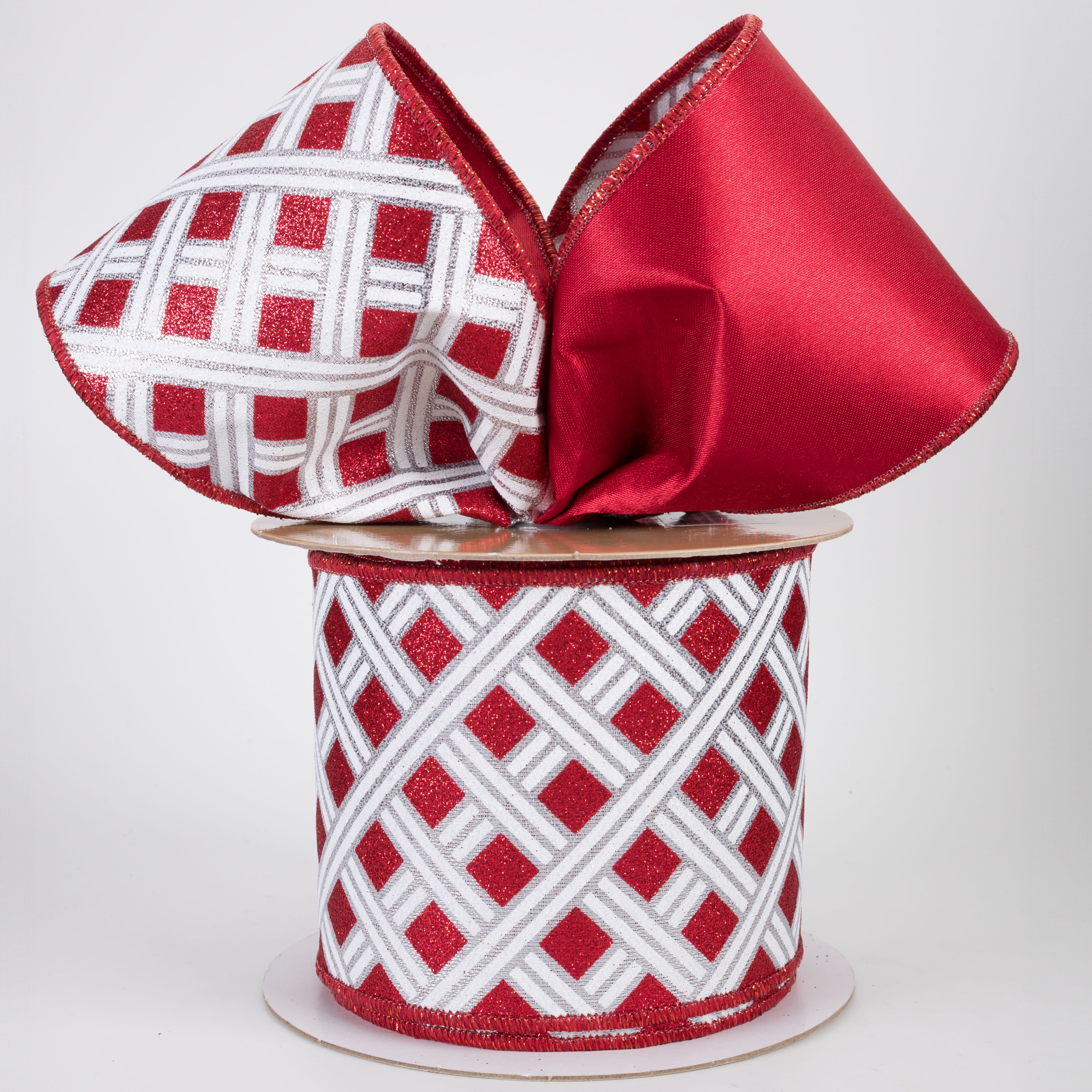 4" Double Sided Fused Metallic Basketweave Ribbon: Red & Silver (10 Yards)