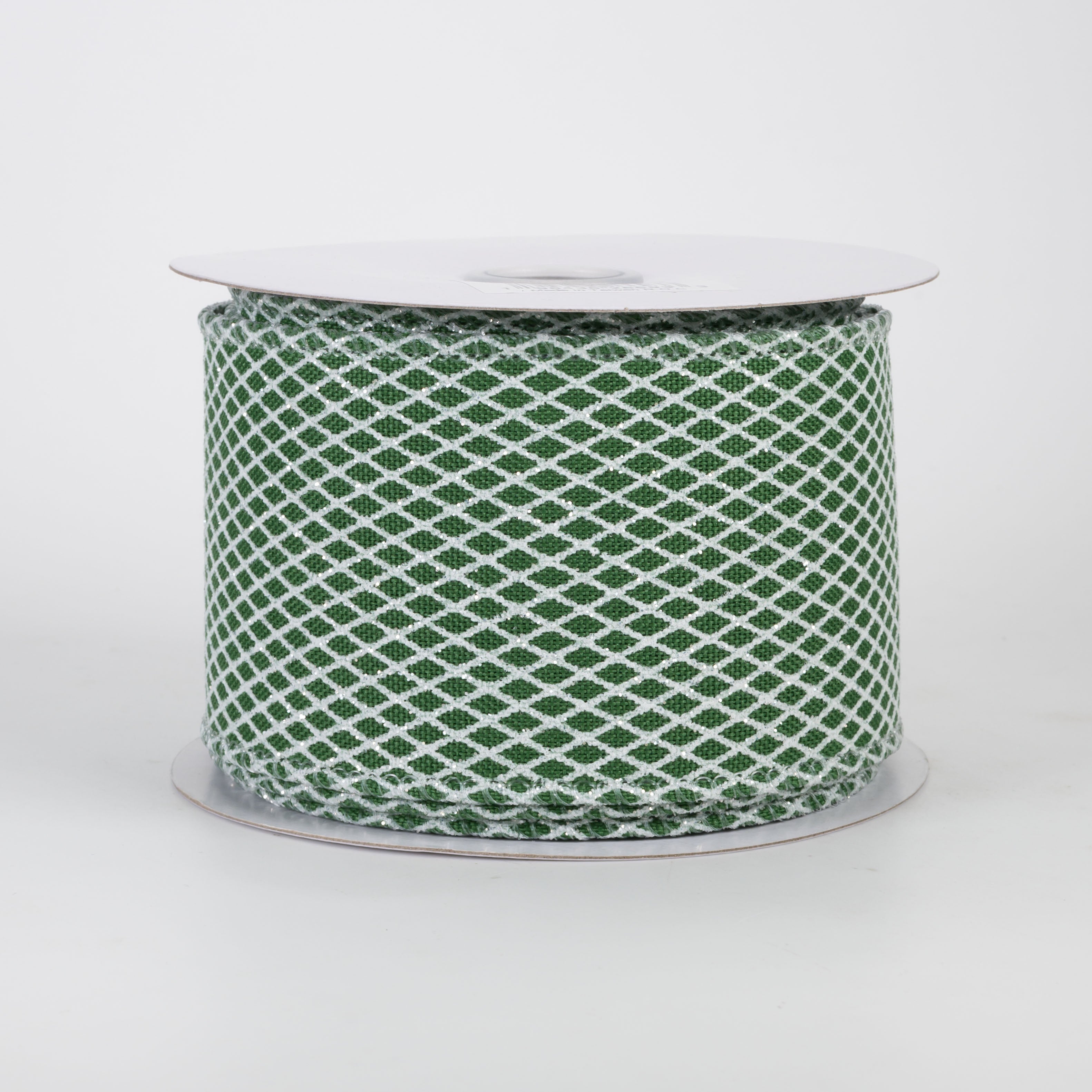 2.5" Mini Glitter Harlequin Ribbon: White on Emerald Green (10 Yards)