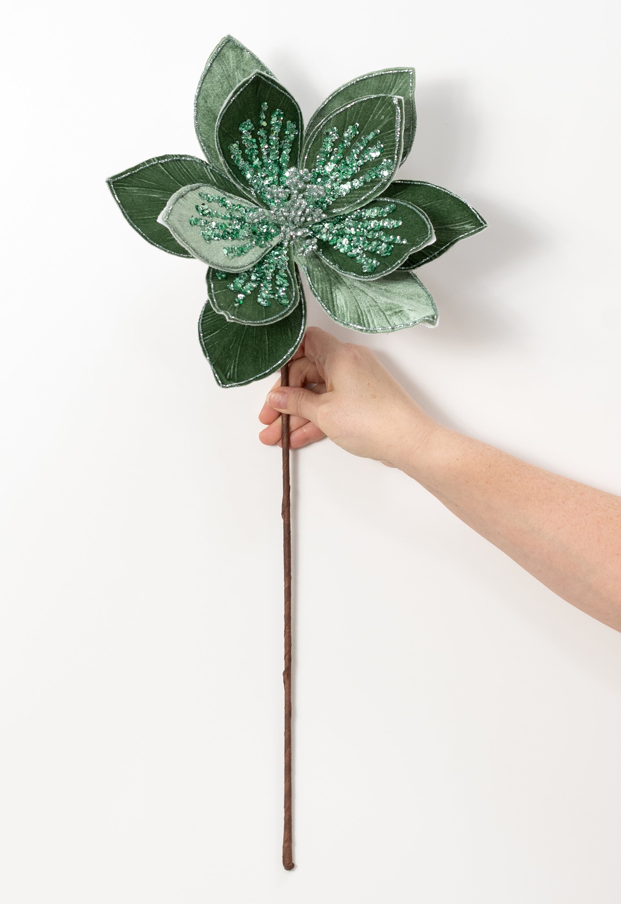 22" Glittered & Beaded Poinsettia Stem: Mint & Sage Green