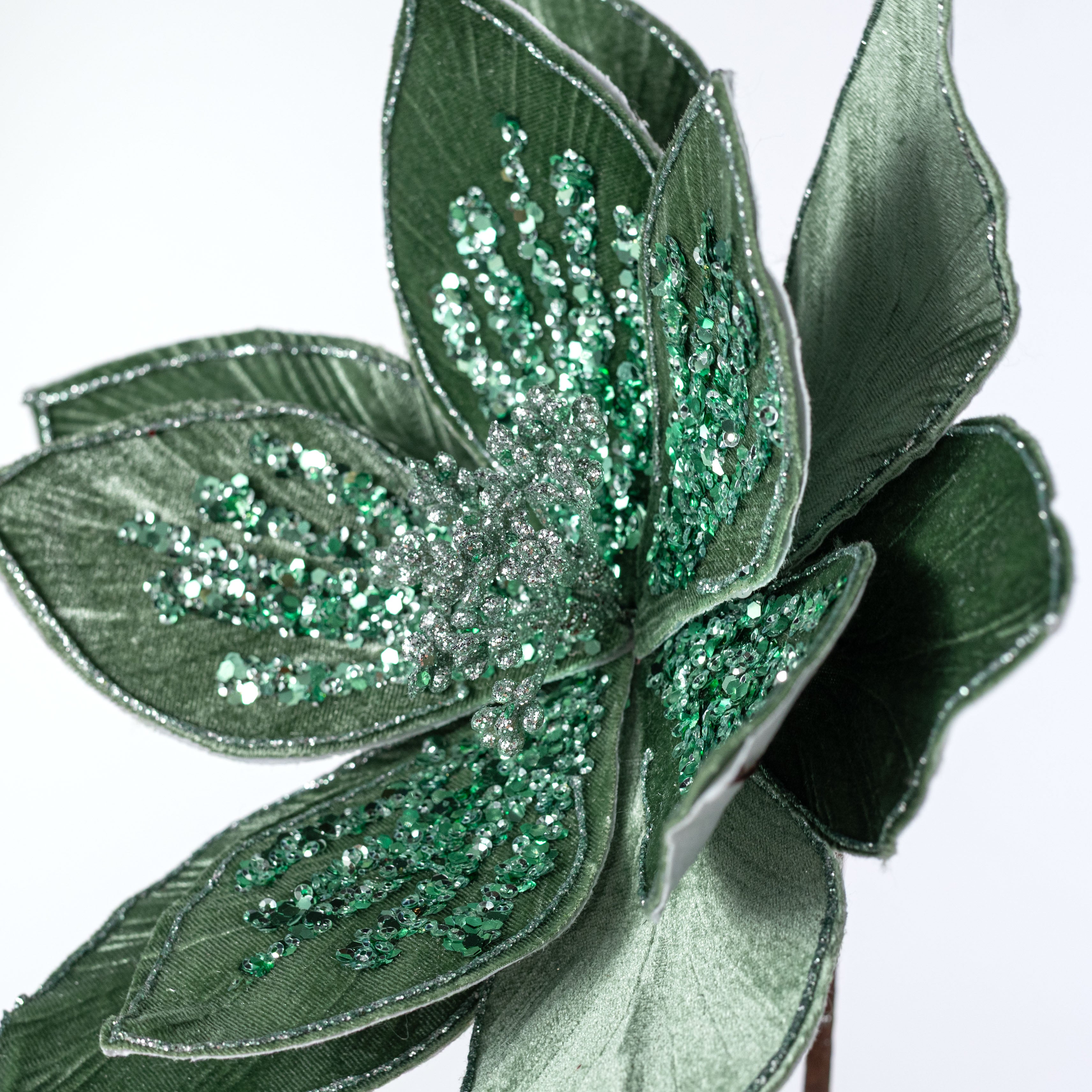 22" Glittered & Beaded Poinsettia Stem: Mint & Sage Green