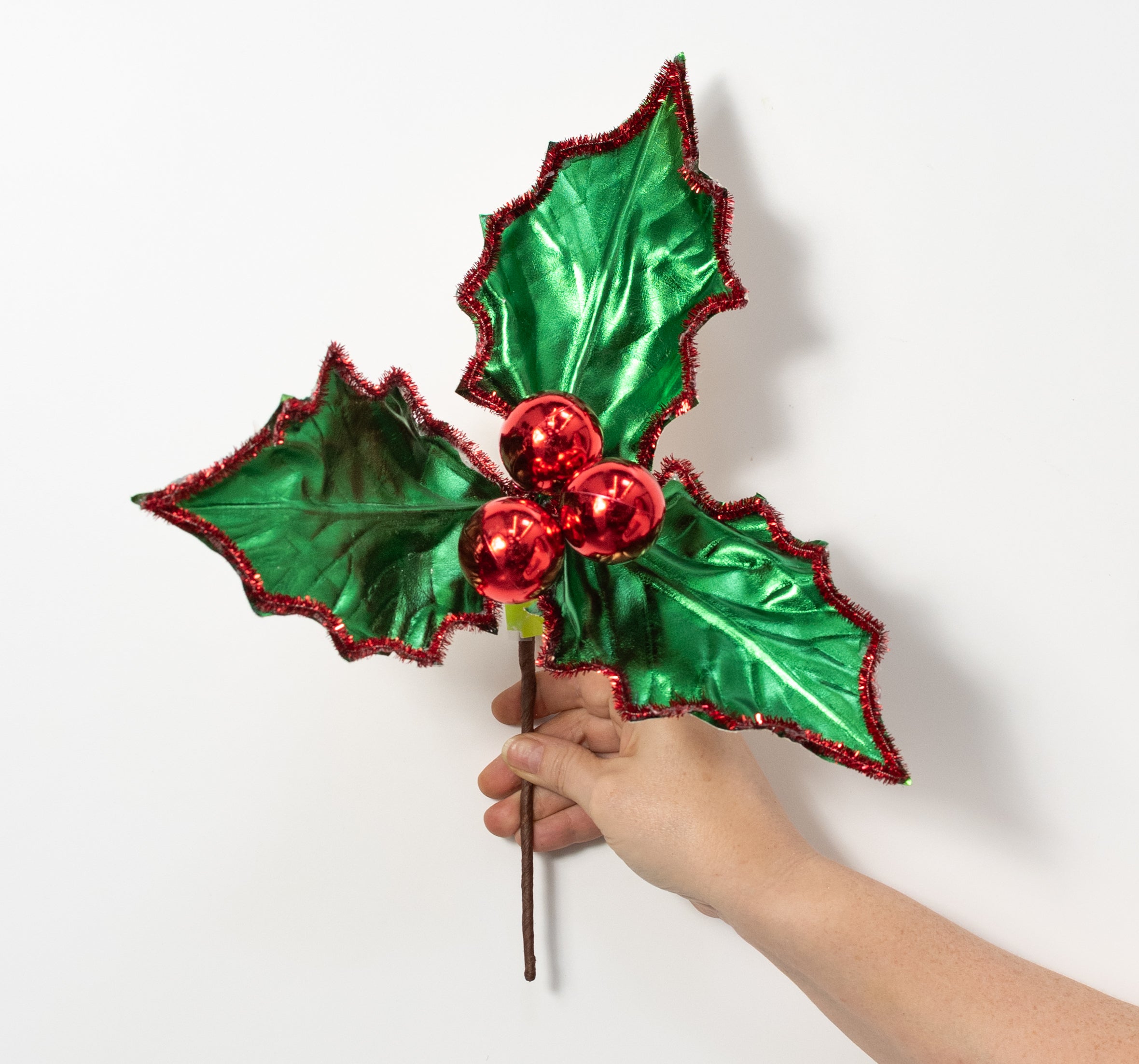 16" Metallic Holly Leaves & Berries Pick: Green