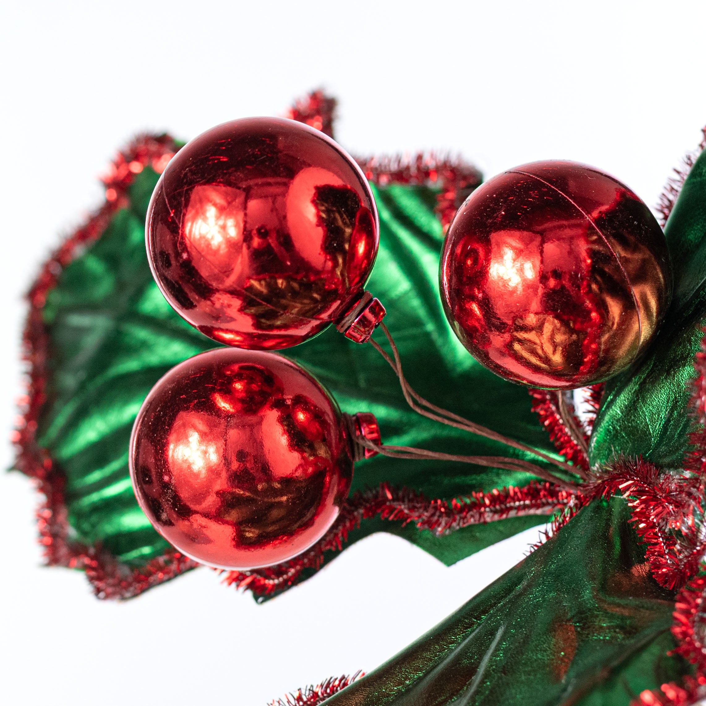 16" Metallic Holly Leaves & Berries Pick: Green