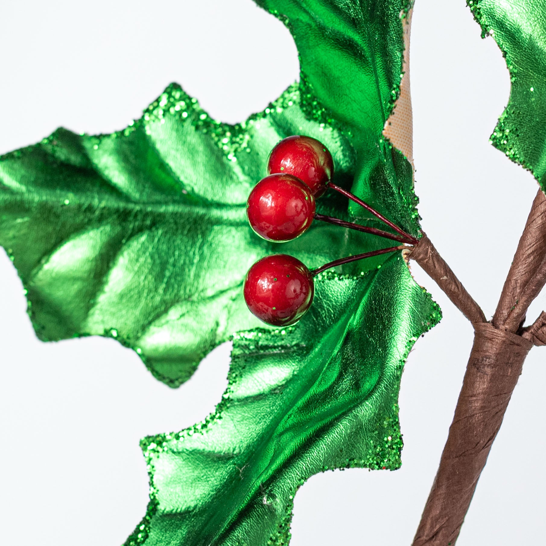 30" Metallic Holly Leaves & Berries Spray: Green