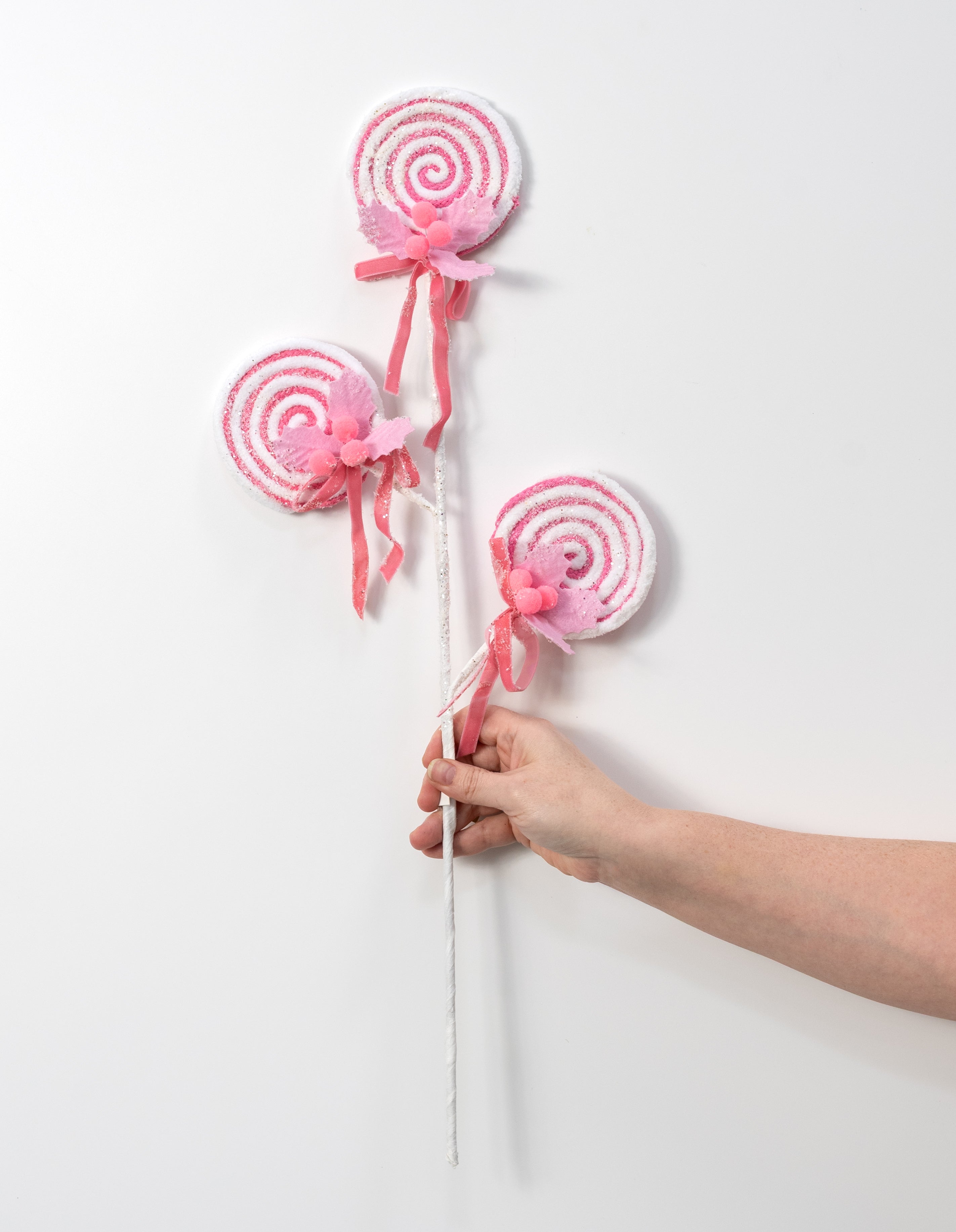 24" Chenille Frosted Lollipop Holly Spray: Pink & White