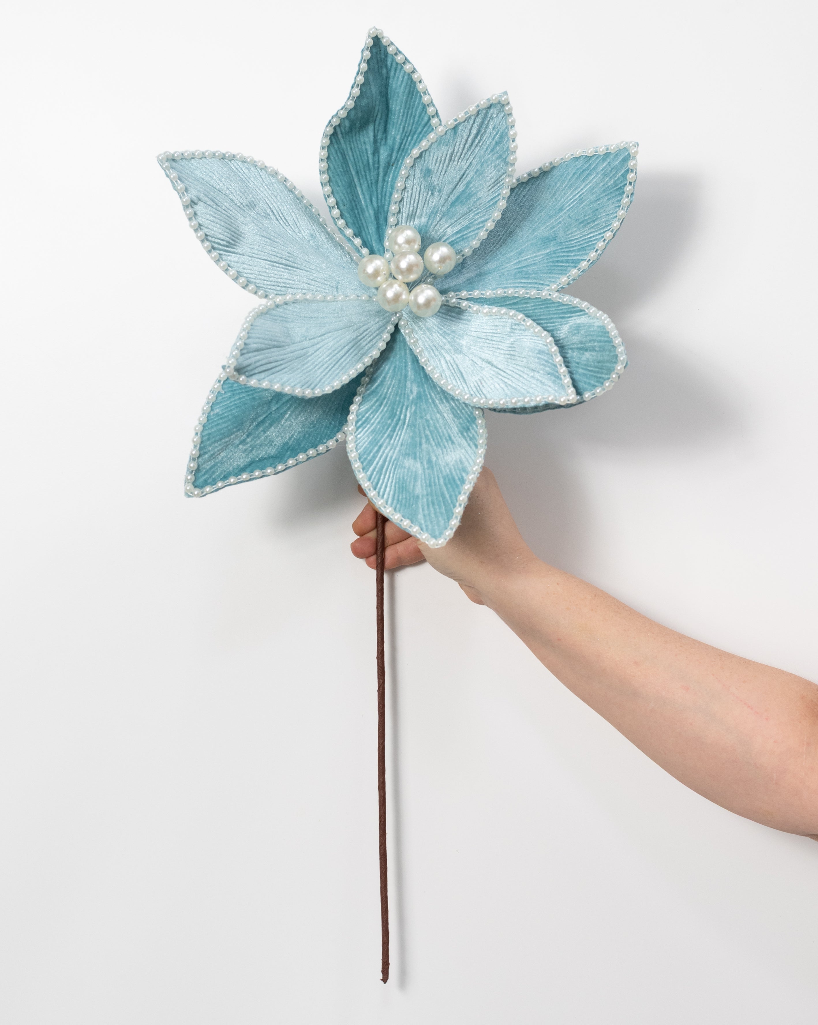 14" x 25" Beaded Velvet Poinsettia & Pearls Stem: Ice Blue