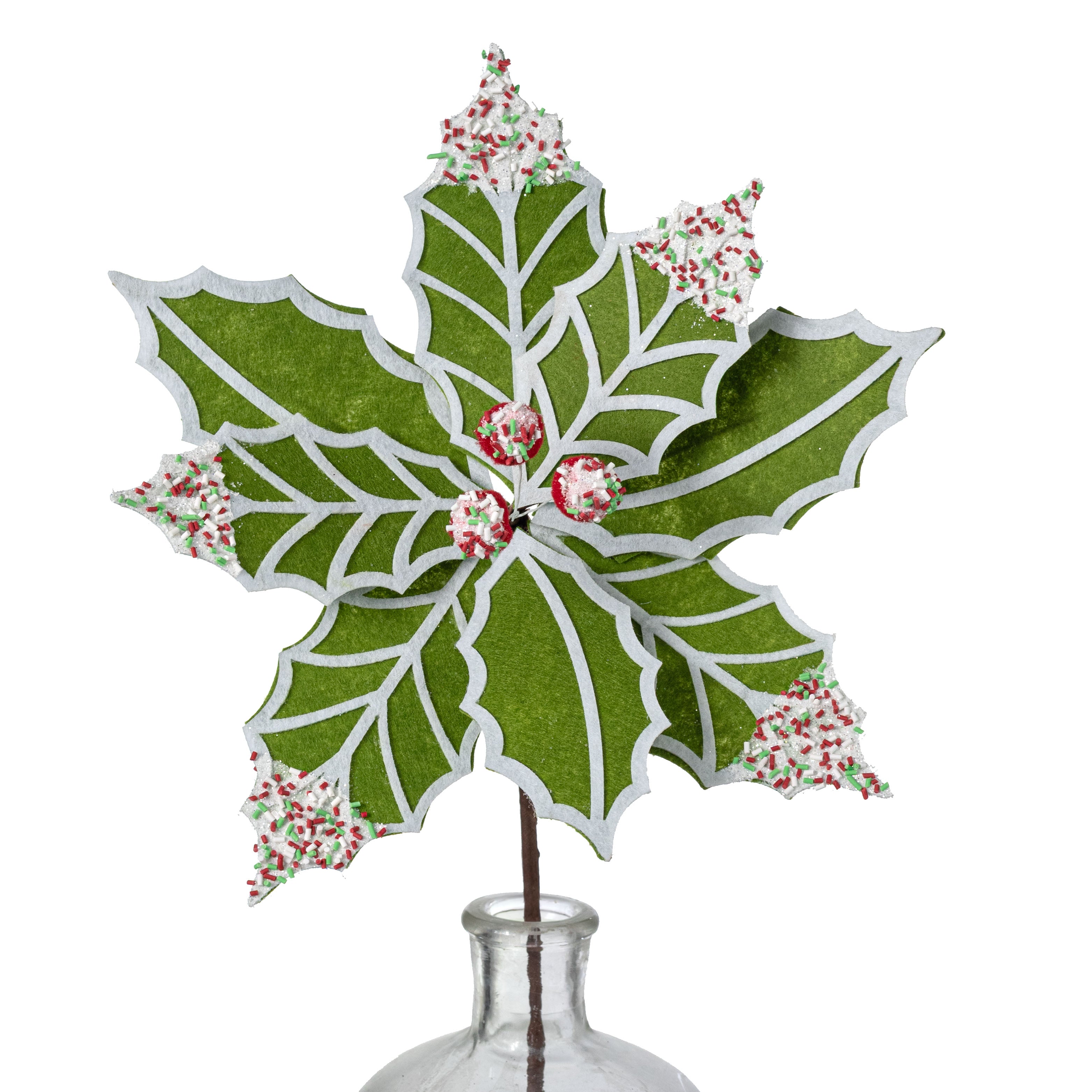 11" x 25" Holly Leaves with Sprinkles Poinsettia Stem: Green, Red & White