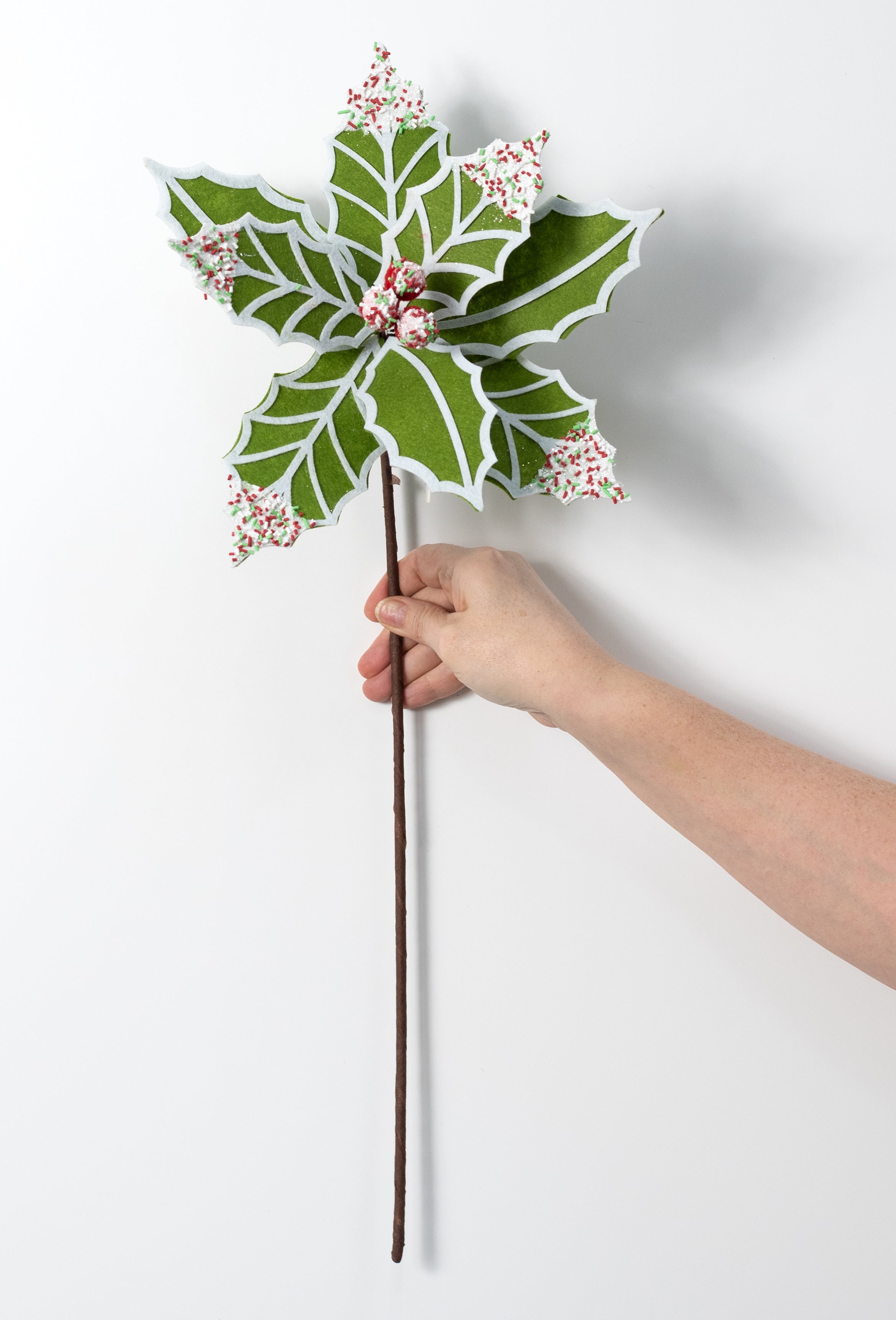 11" x 25" Holly Leaves with Sprinkles Poinsettia Stem: Green, Red & White