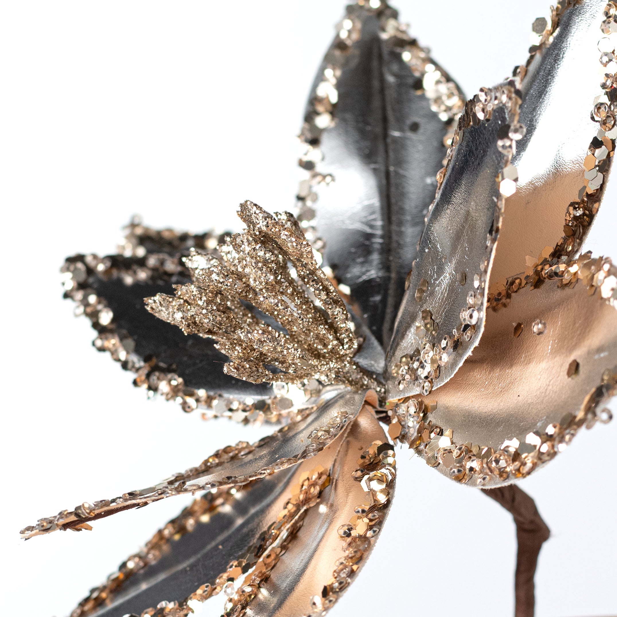 7.5" x 14" Mini Metallic Sequin Edge Poinsettia Stem: Platinum
