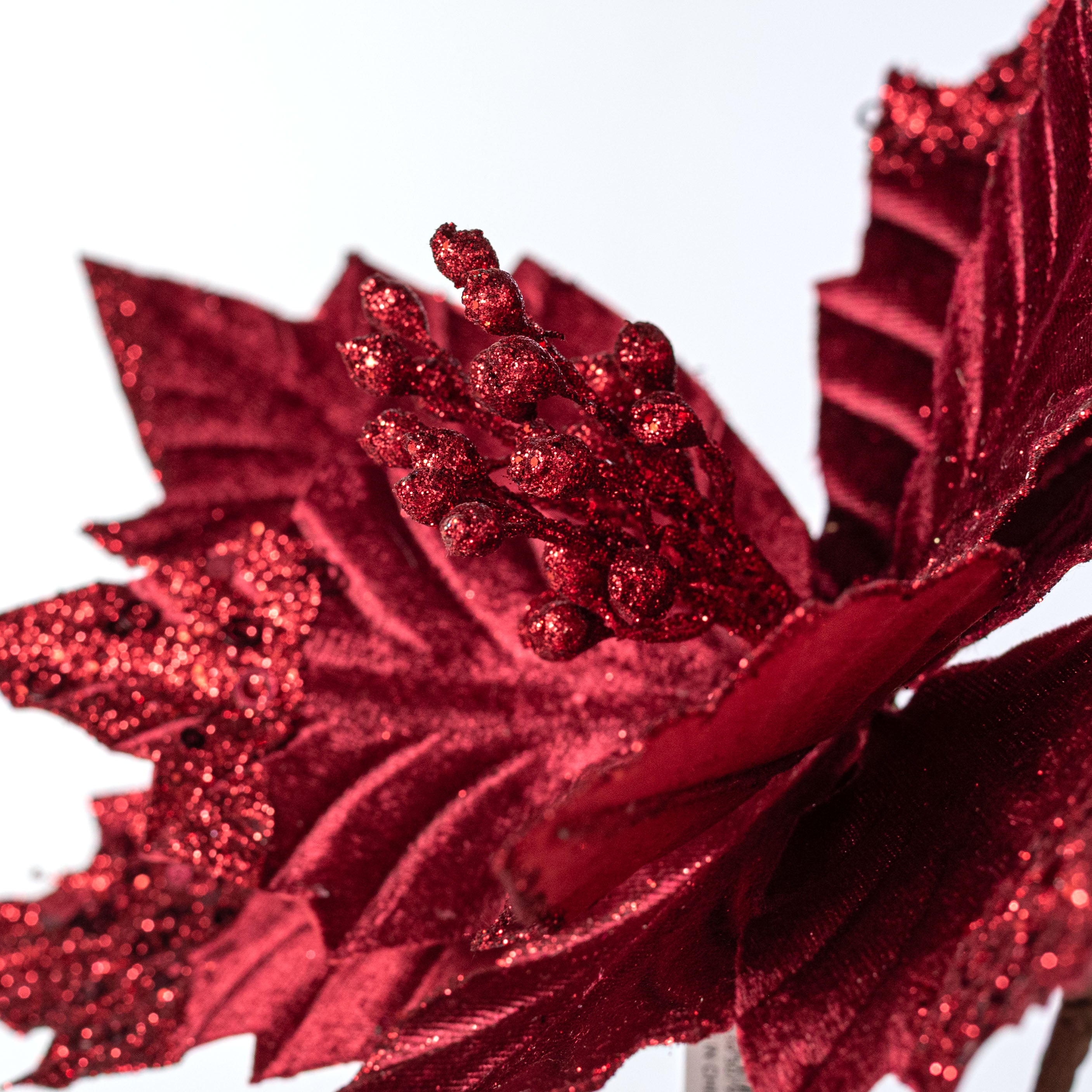 13" x 18" Velvet Sequined Poinsettia Stem: Burgundy Red