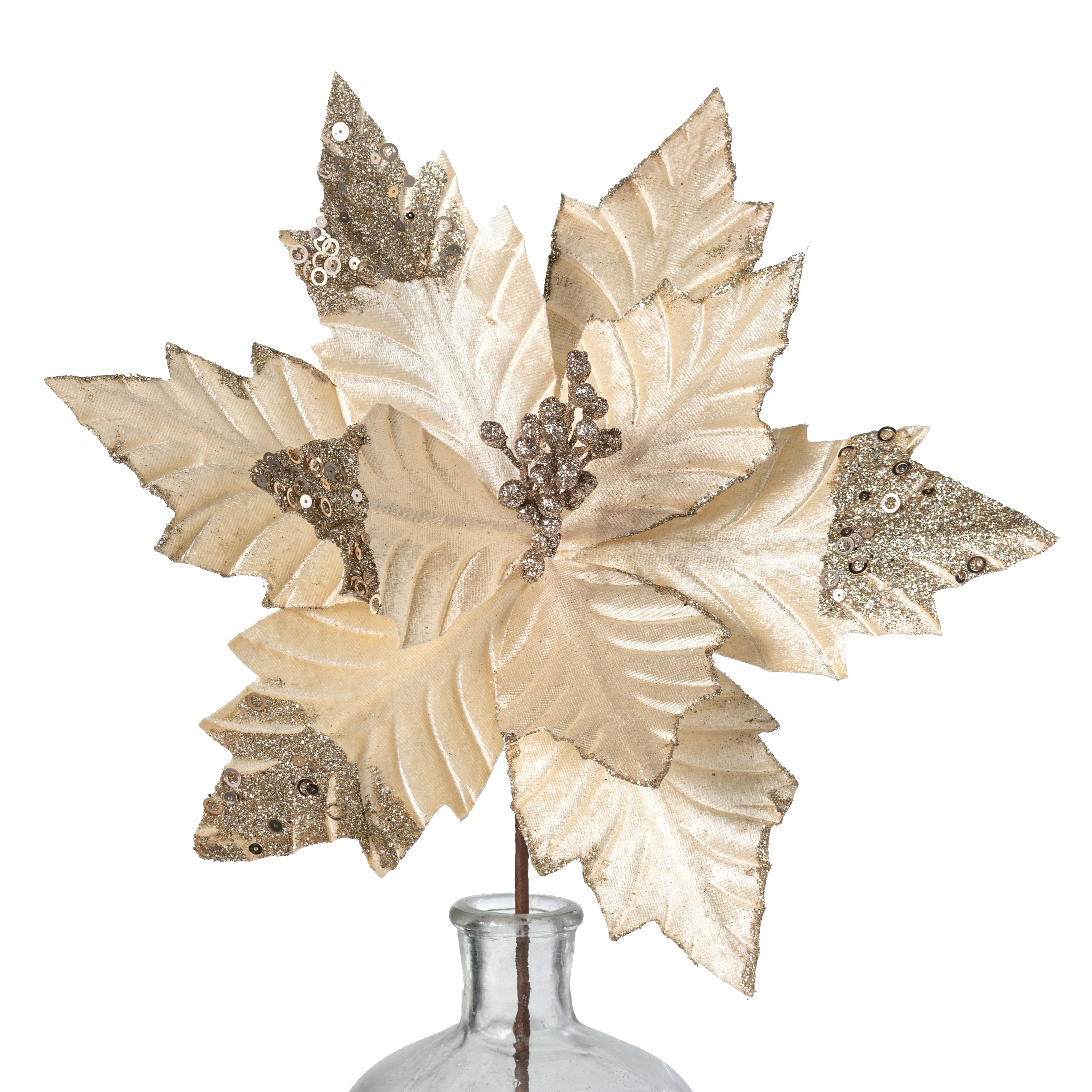 13" x 18" Velvet Sequined Poinsettia Stem: Cream Champagne