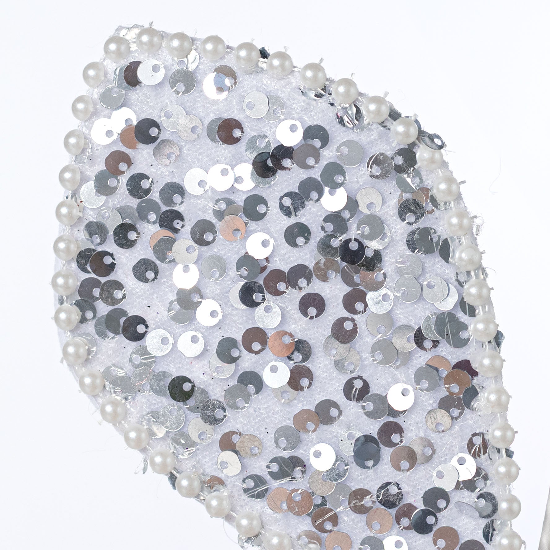 28" Pearl Trimmed Sequined Fabric Leaves Spray: White & Silver