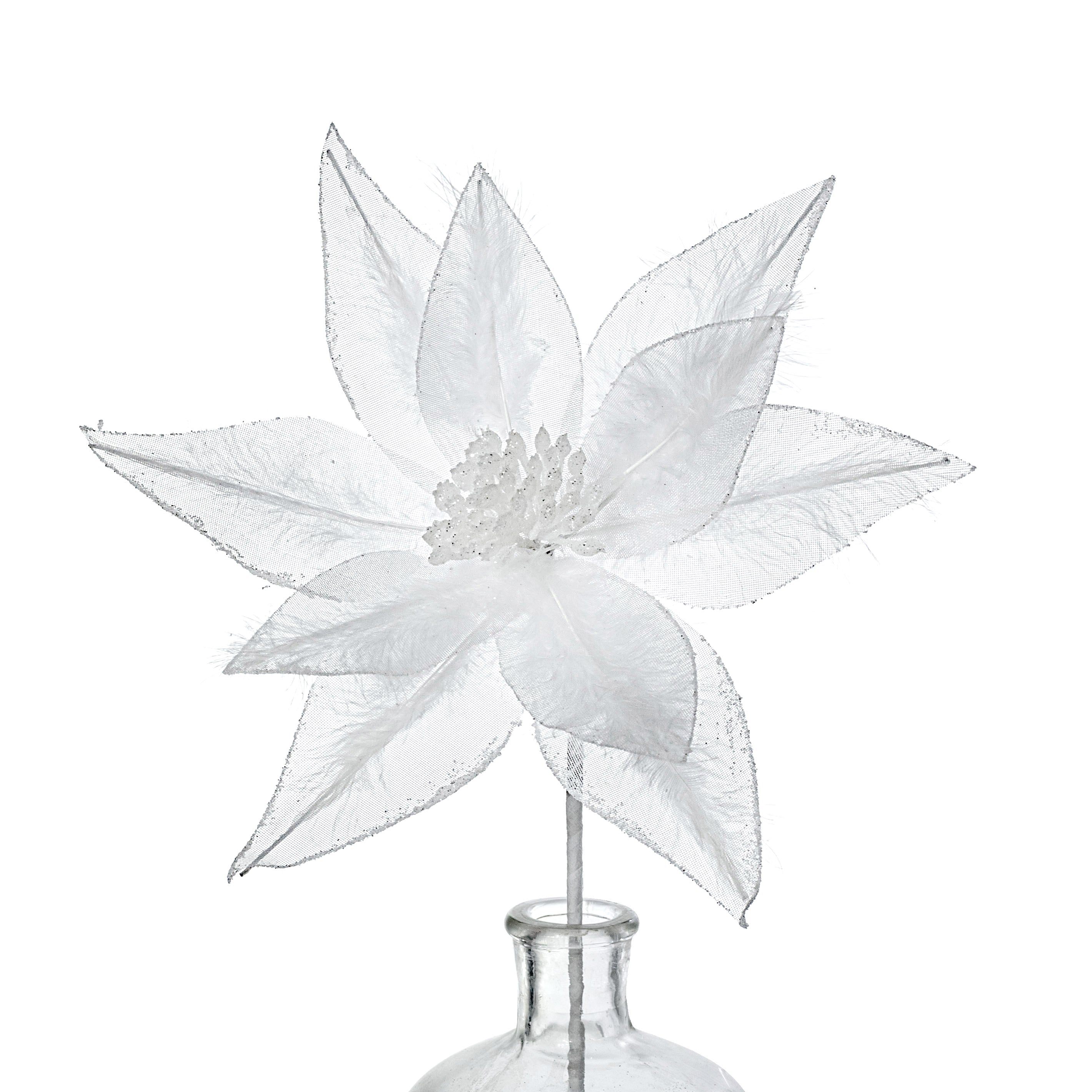 12" x 26" Feathered Tulle Poinsettia Stem: White