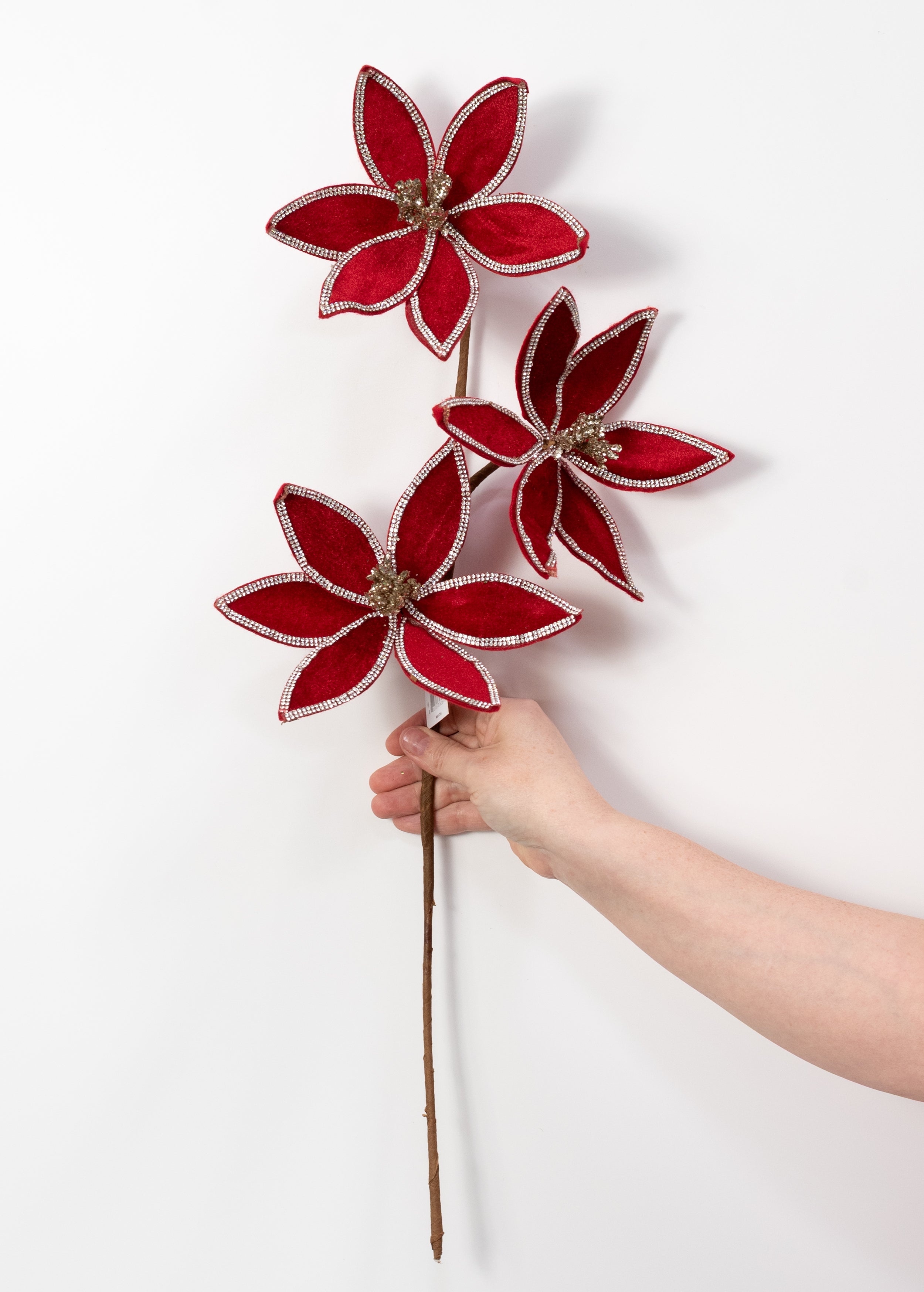 23" Rhinestone Jewel Trim Velvet Flower Spray: Red & Champagne