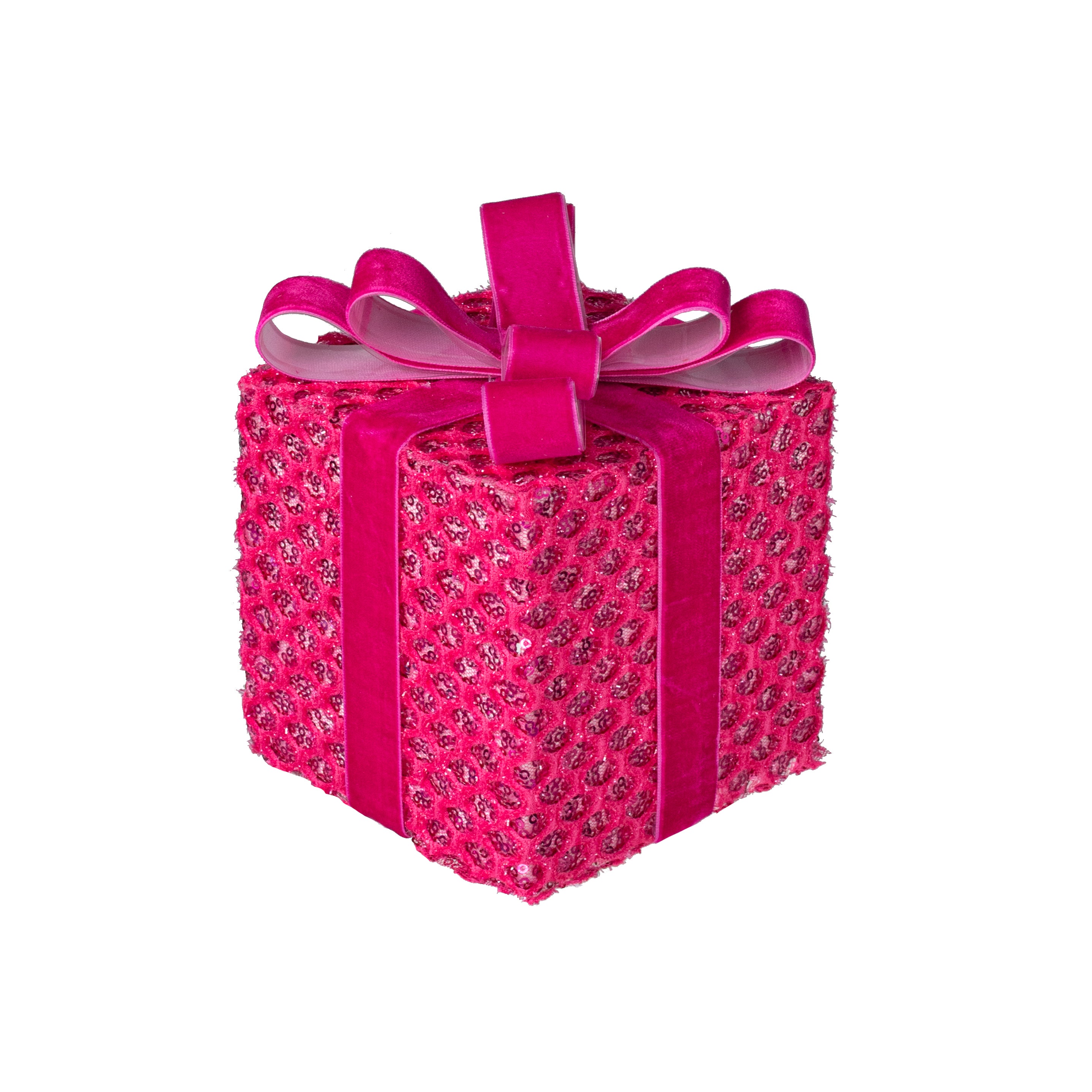 6.75" Mesh Sequin Gift Box Decor: Iridescent Fuchsia Pink