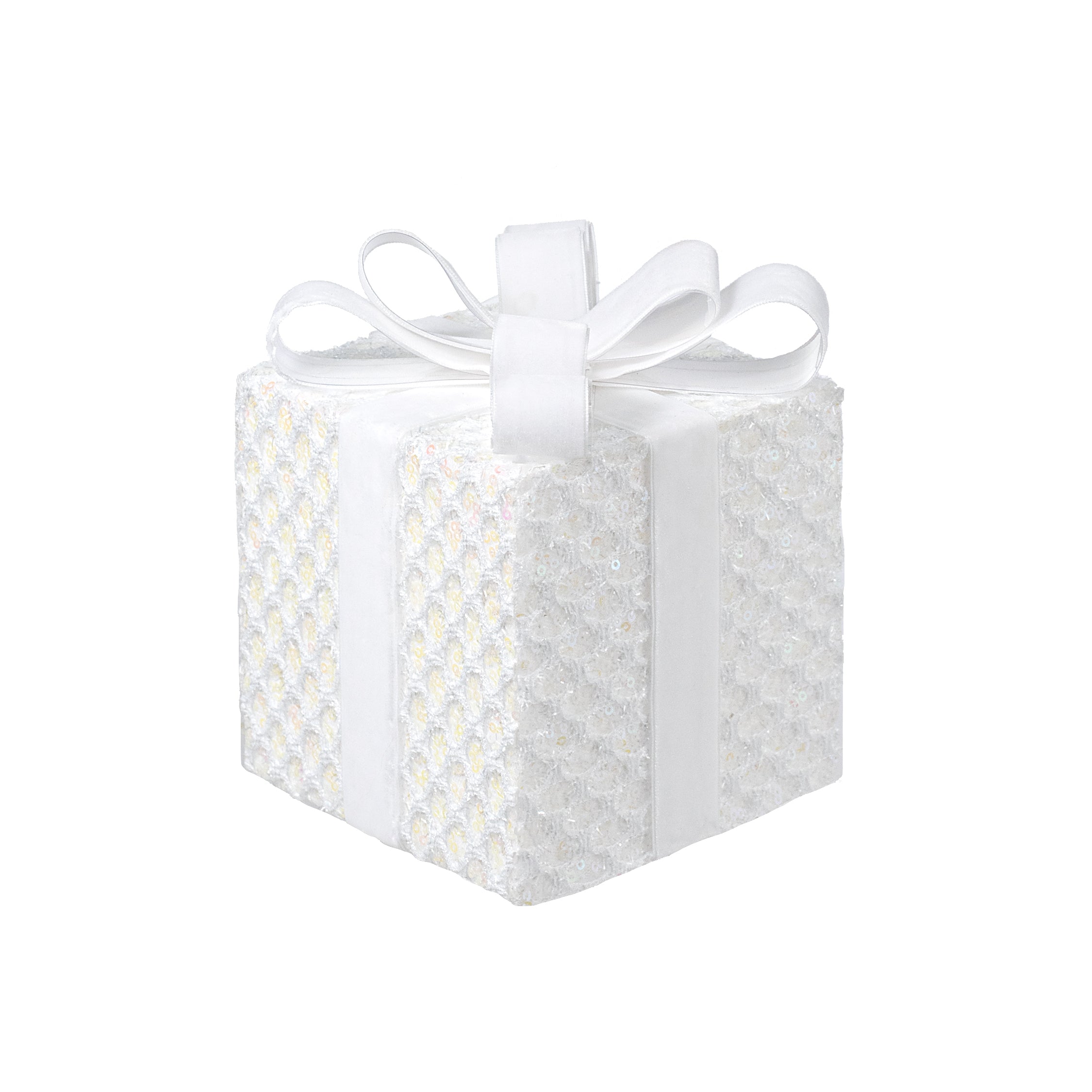 6.75" Mesh Sequin Gift Box Decor: Iridescent White