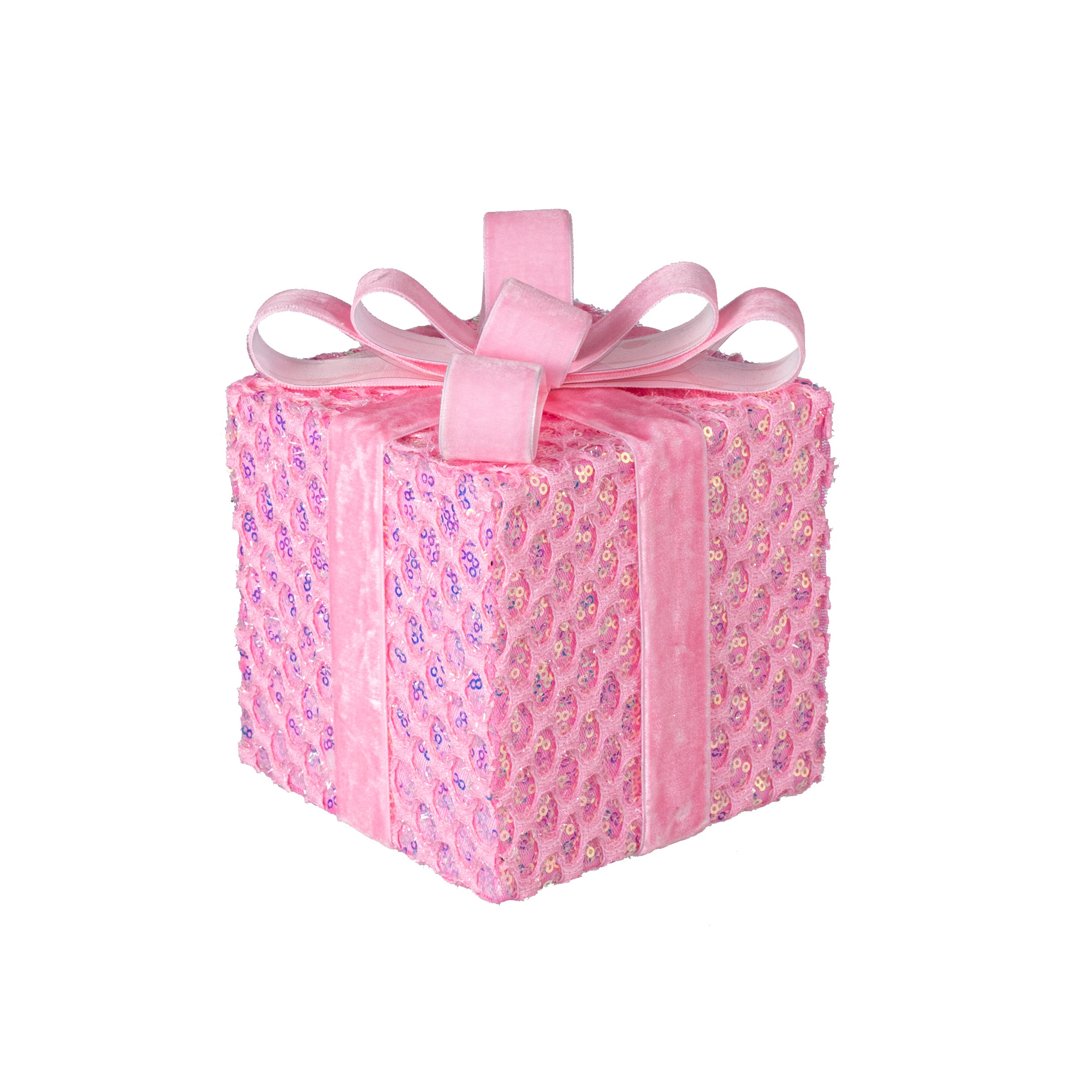 6.75" Mesh Sequin Gift Box Decor: Iridescent Pink