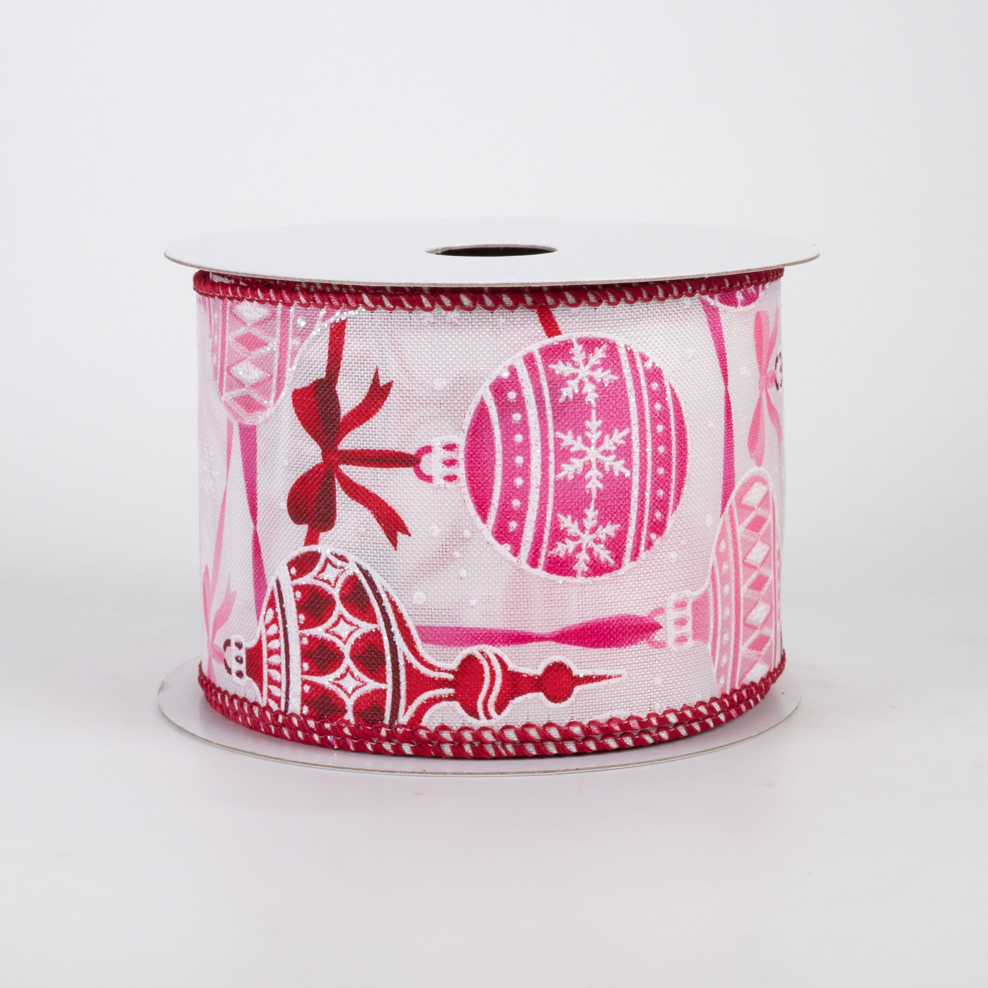 2.5" Linen Ornaments & Bows Ribbon: Red & Pink on White (10 Yards)