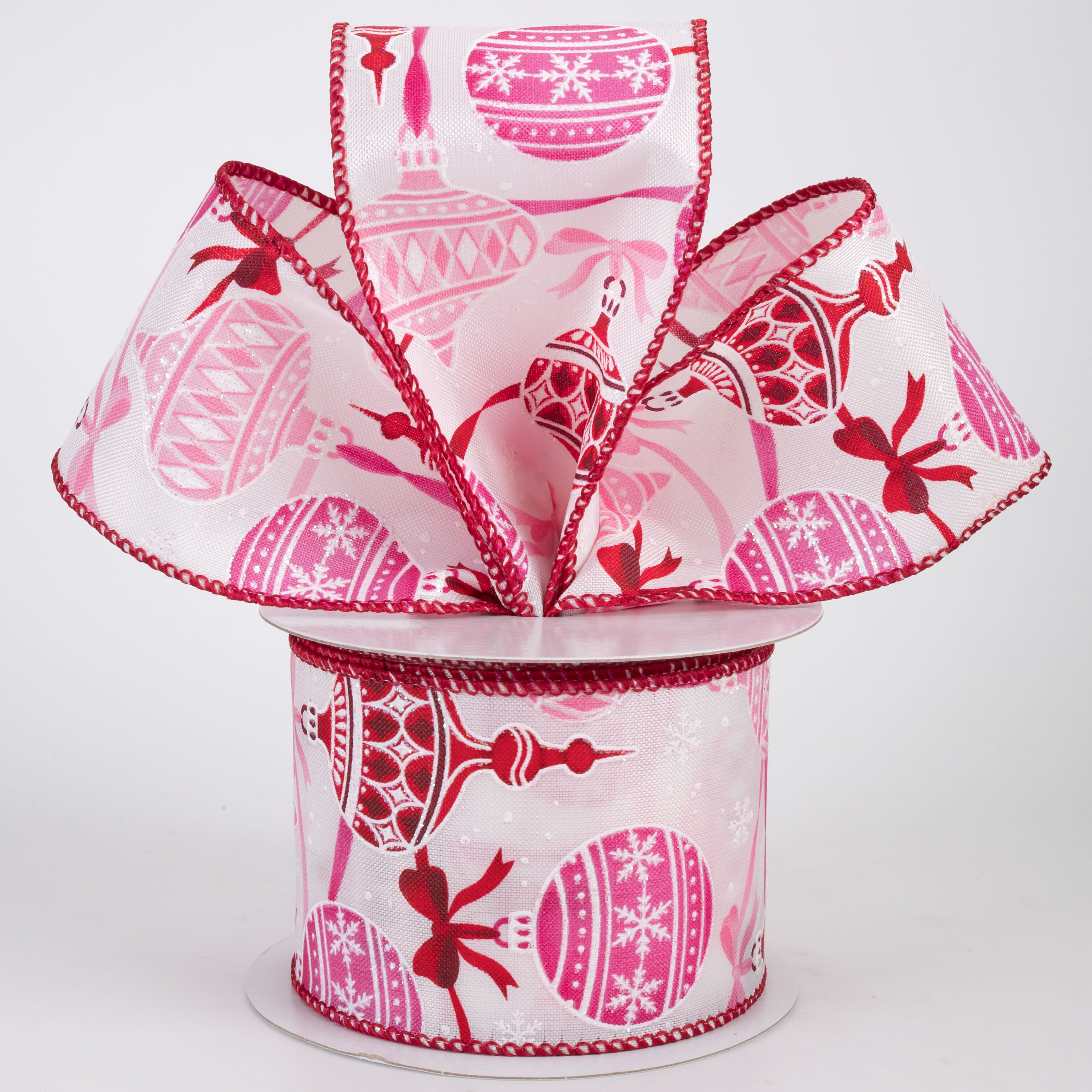 2.5" Linen Ornaments & Bows Ribbon: Red & Pink on White (10 Yards)