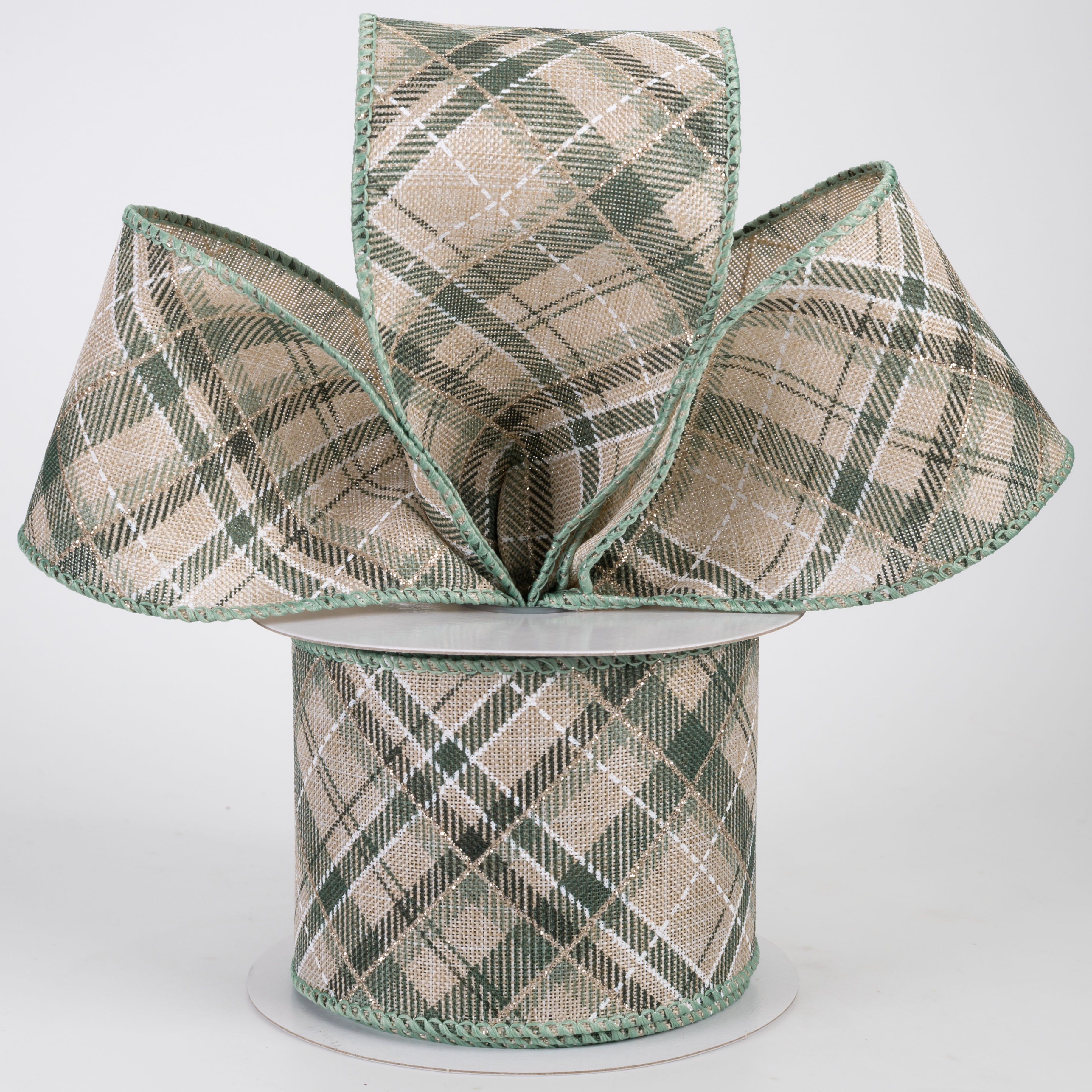 2.5" Linen Argyle Plaid Ribbon: Sage, Champagne & Hunter on Natural (10 Yards)
