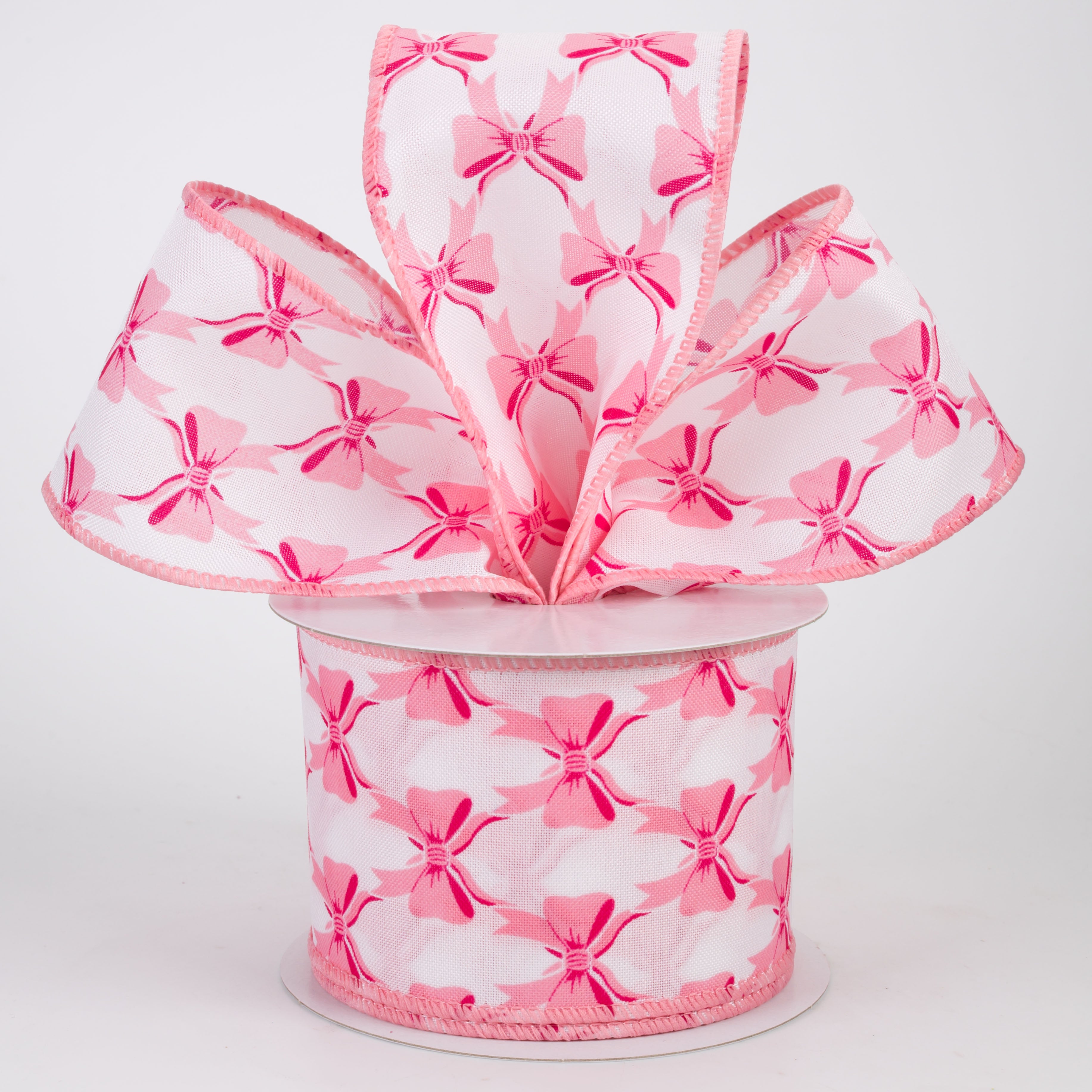2.5" Patterned Bows Satin Ribbon: Pink on White (10 Yards)