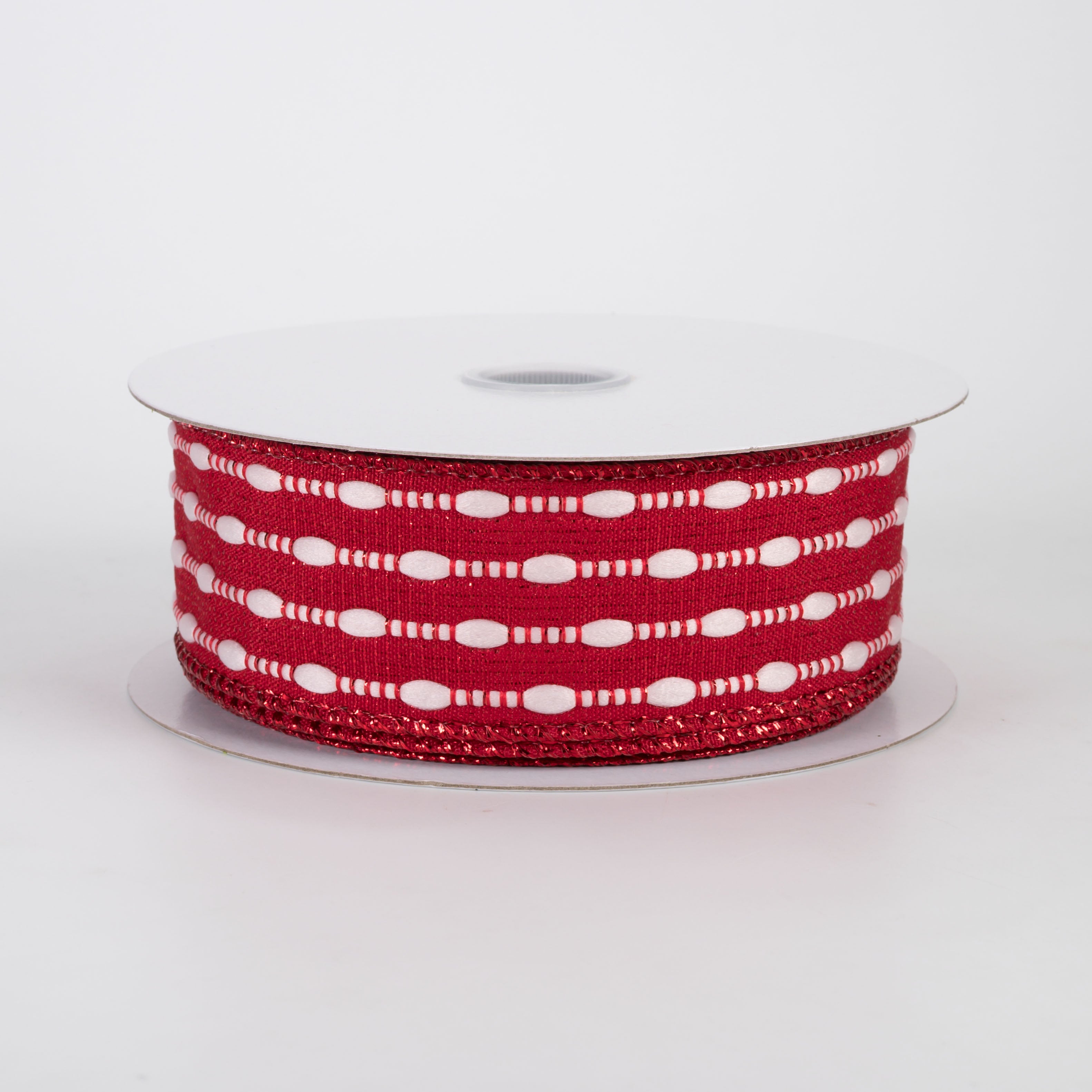 1.5" White Snowball Weave Ribbon: Red Metallic (10 Yards)
