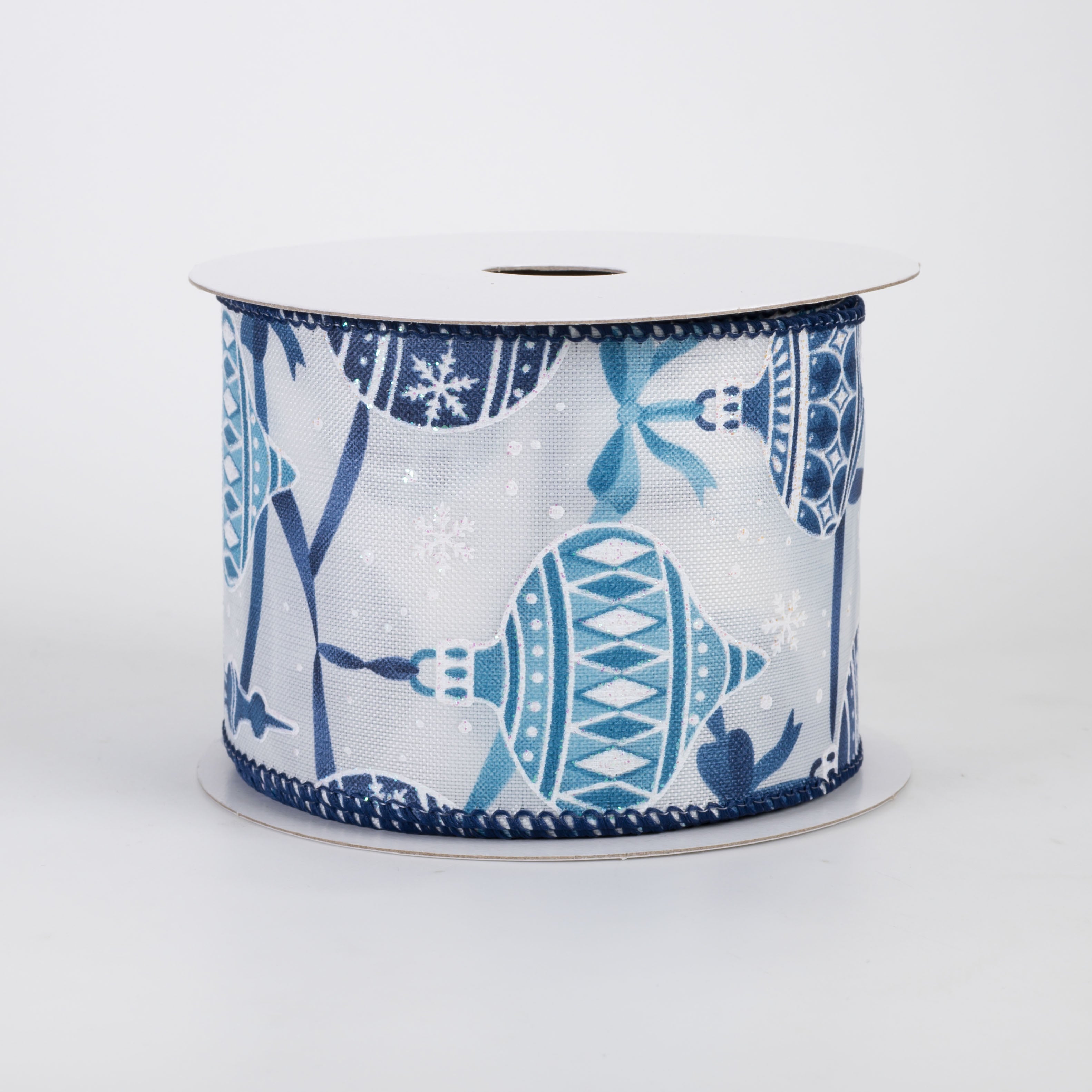 2.5" Linen Ornaments & Bows Ribbon: Blue & Navy on White (10 Yards)