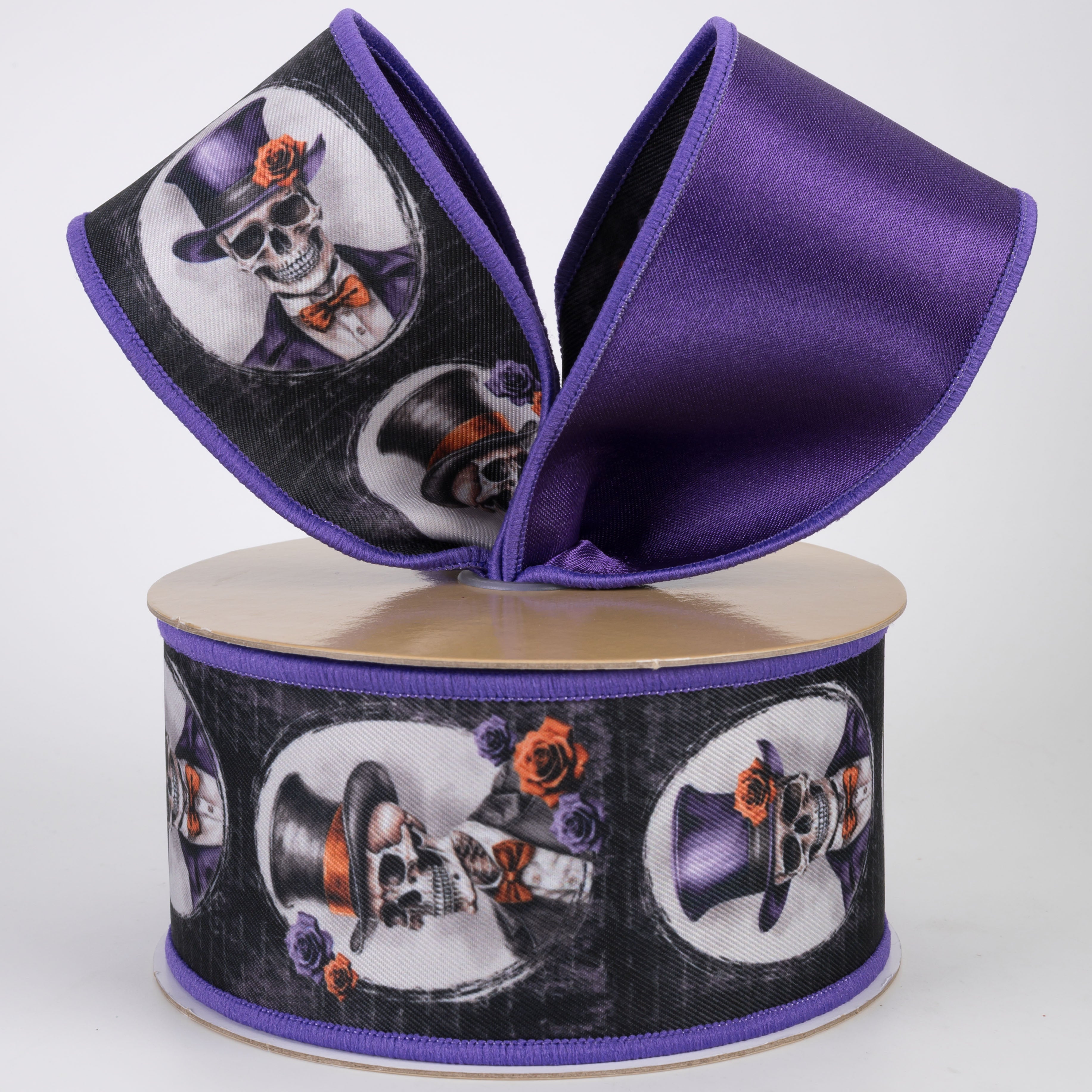 2.5" Double Sided Fused Skeleton Portraits Ribbon: Purple (10 Yards)