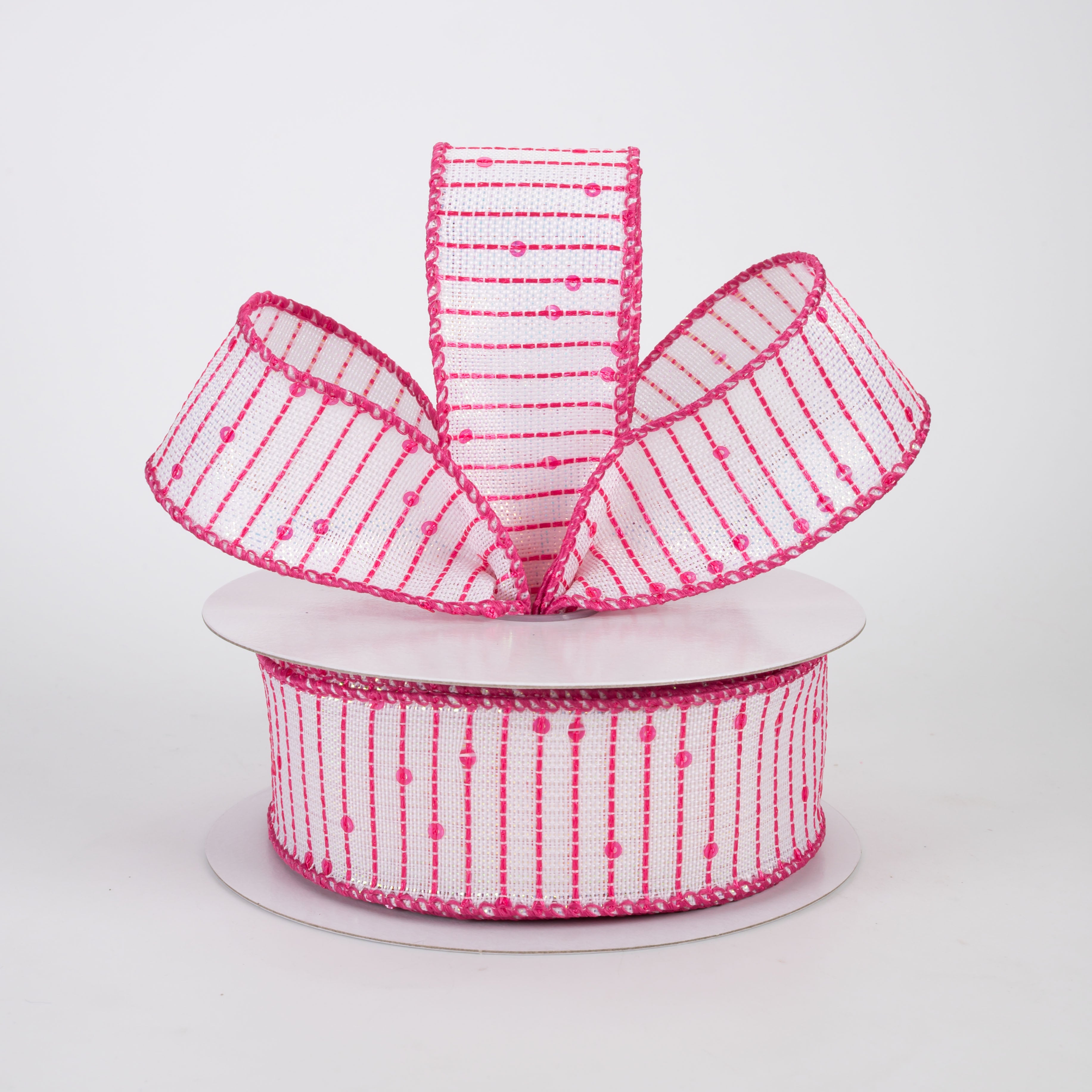 1.5" Woven Sequined Stripes Ribbon: Iridescent, White & Fuchsia Pink (10 Yards)