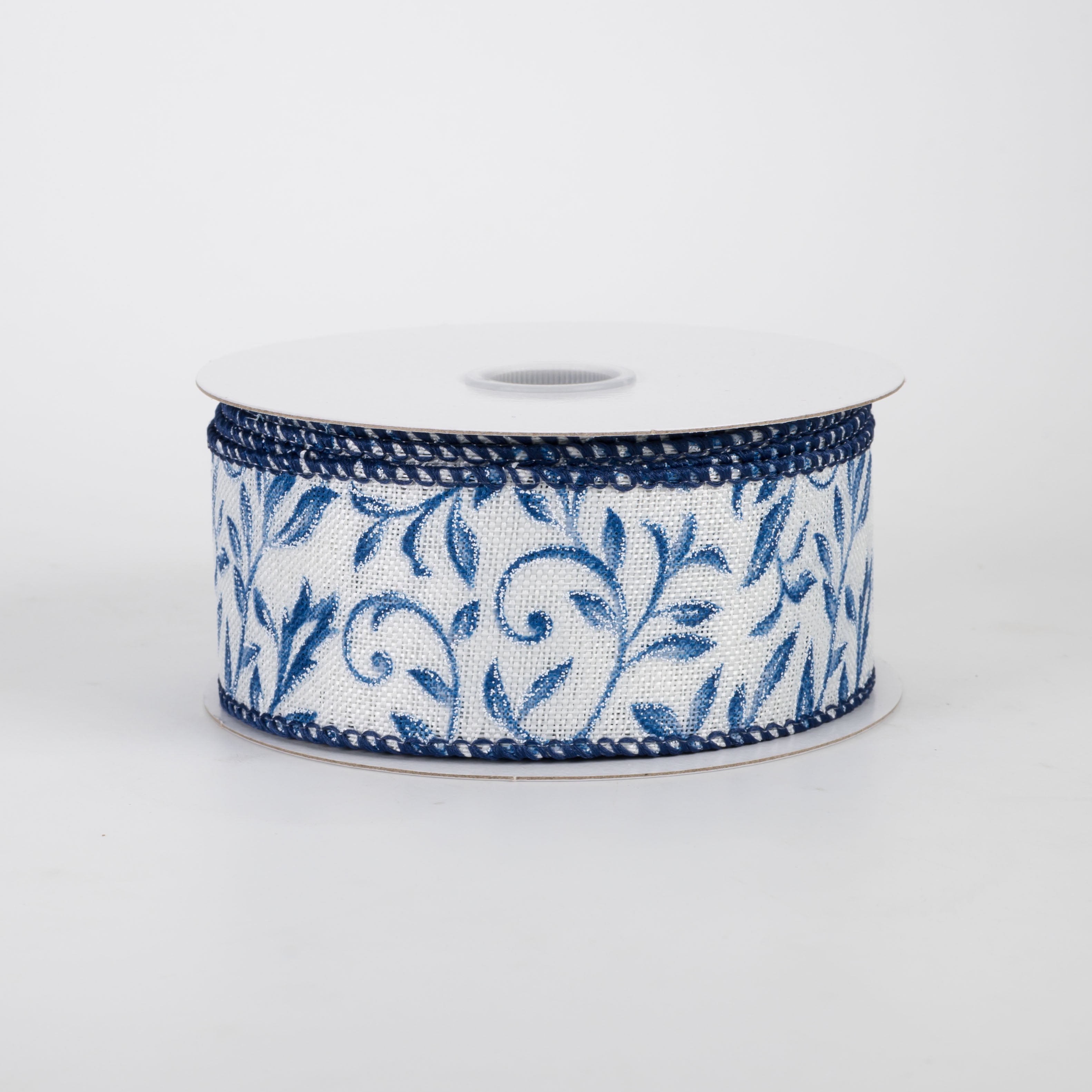 1.5" Linen Glittered Foliage Swirls Ribbon: Blue on Ivory (10 Yards)