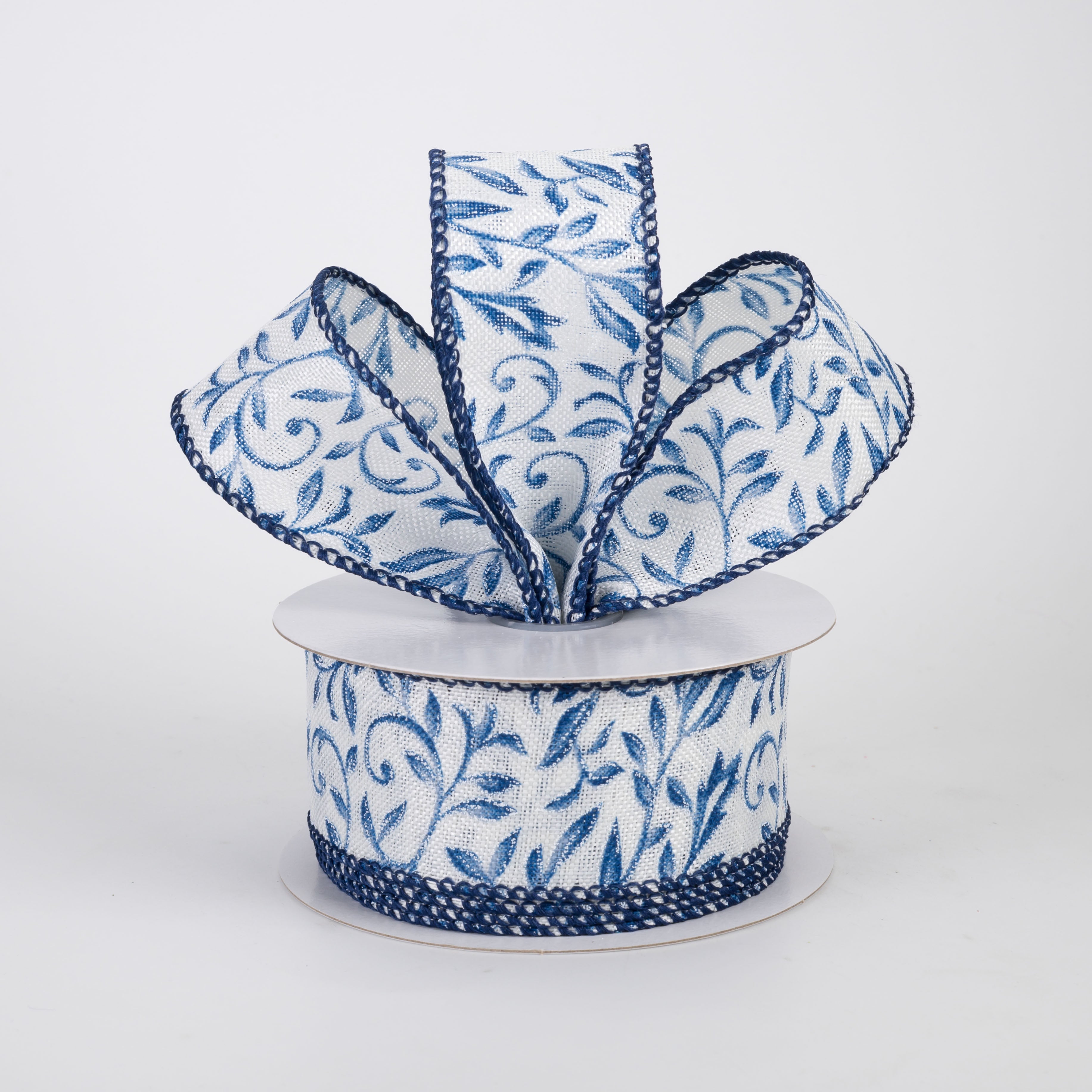 1.5" Linen Glittered Foliage Swirls Ribbon: Blue on Ivory (10 Yards)