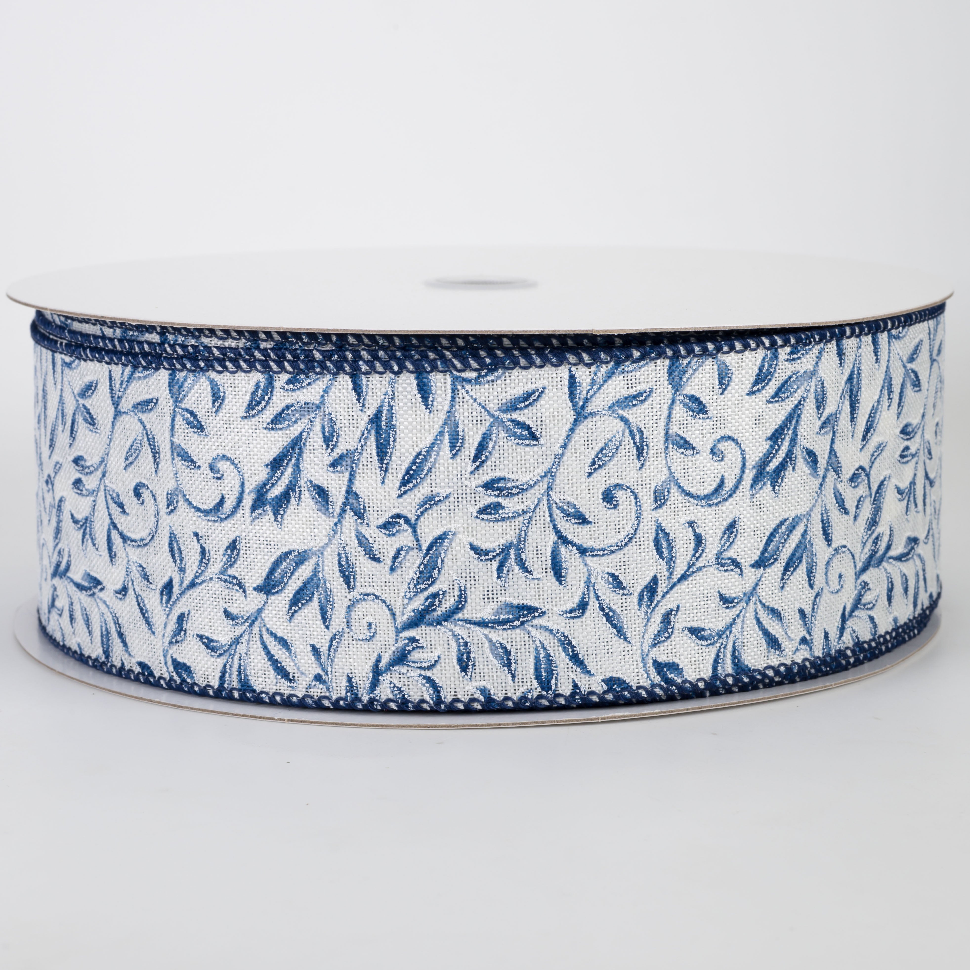 2.5" Linen Glittered Foliage Swirls Ribbon: Blue on Ivory (50 Yards)