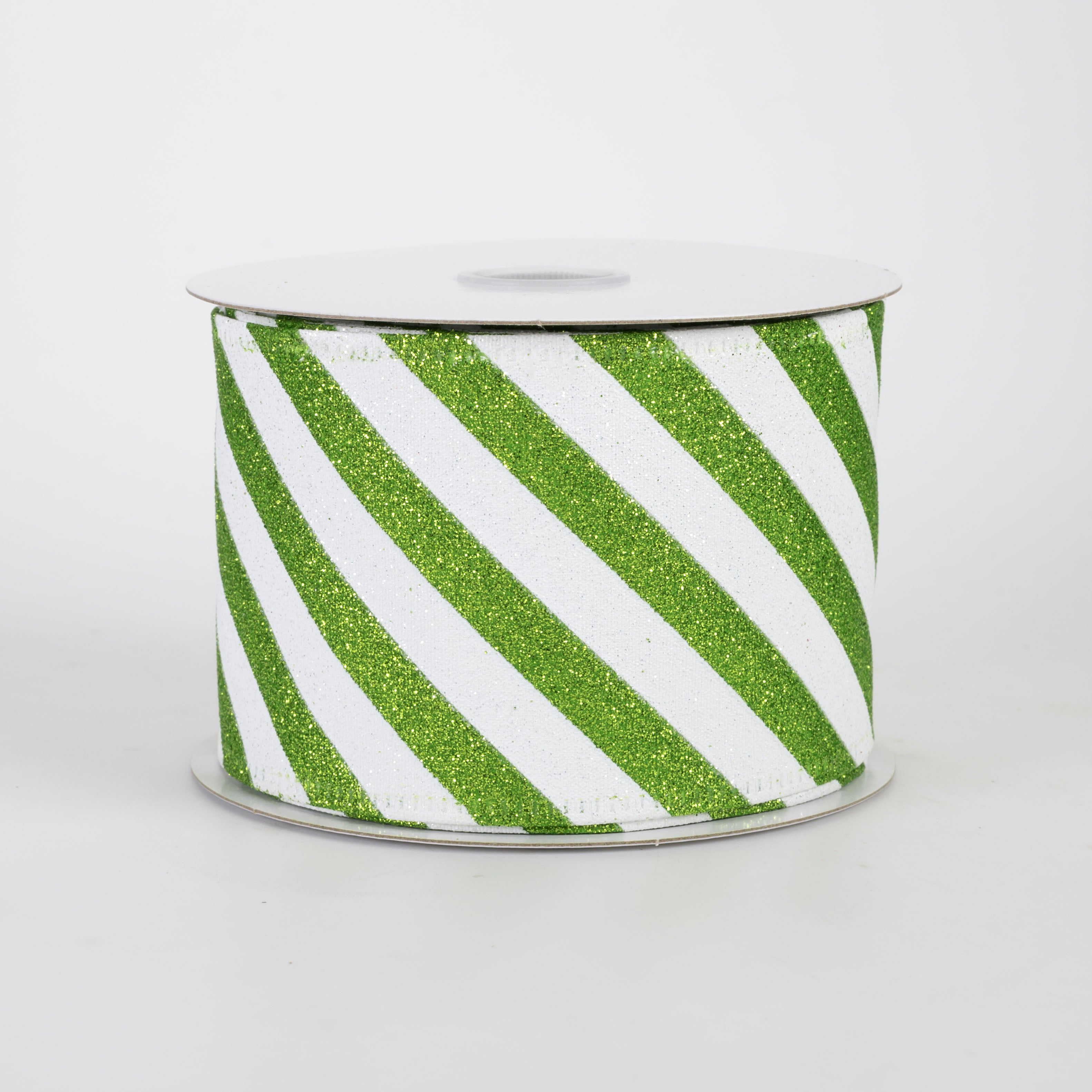2.5" All Flat Glitter Candy Cane Stripe Ribbon: Lime Green & White (10 Yards)