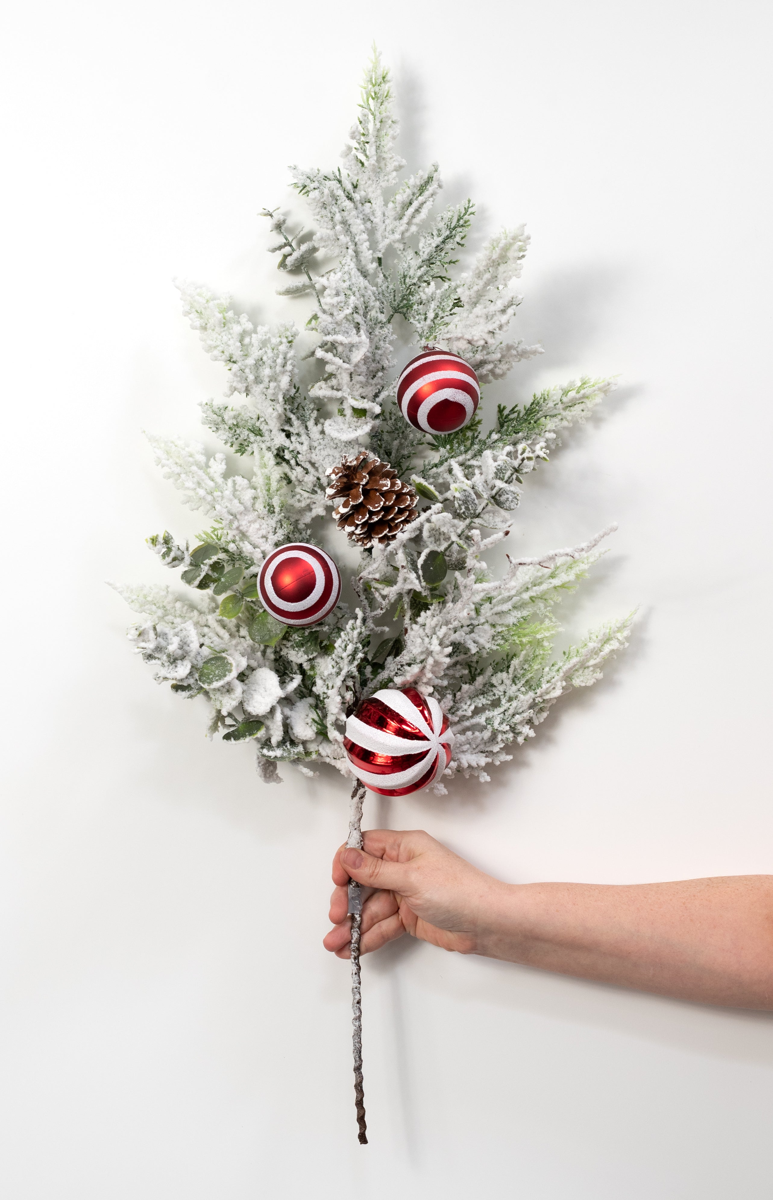 24" Mixed Flocked Cypress, Eucalyptus, Pinecone & Ornaments Spray