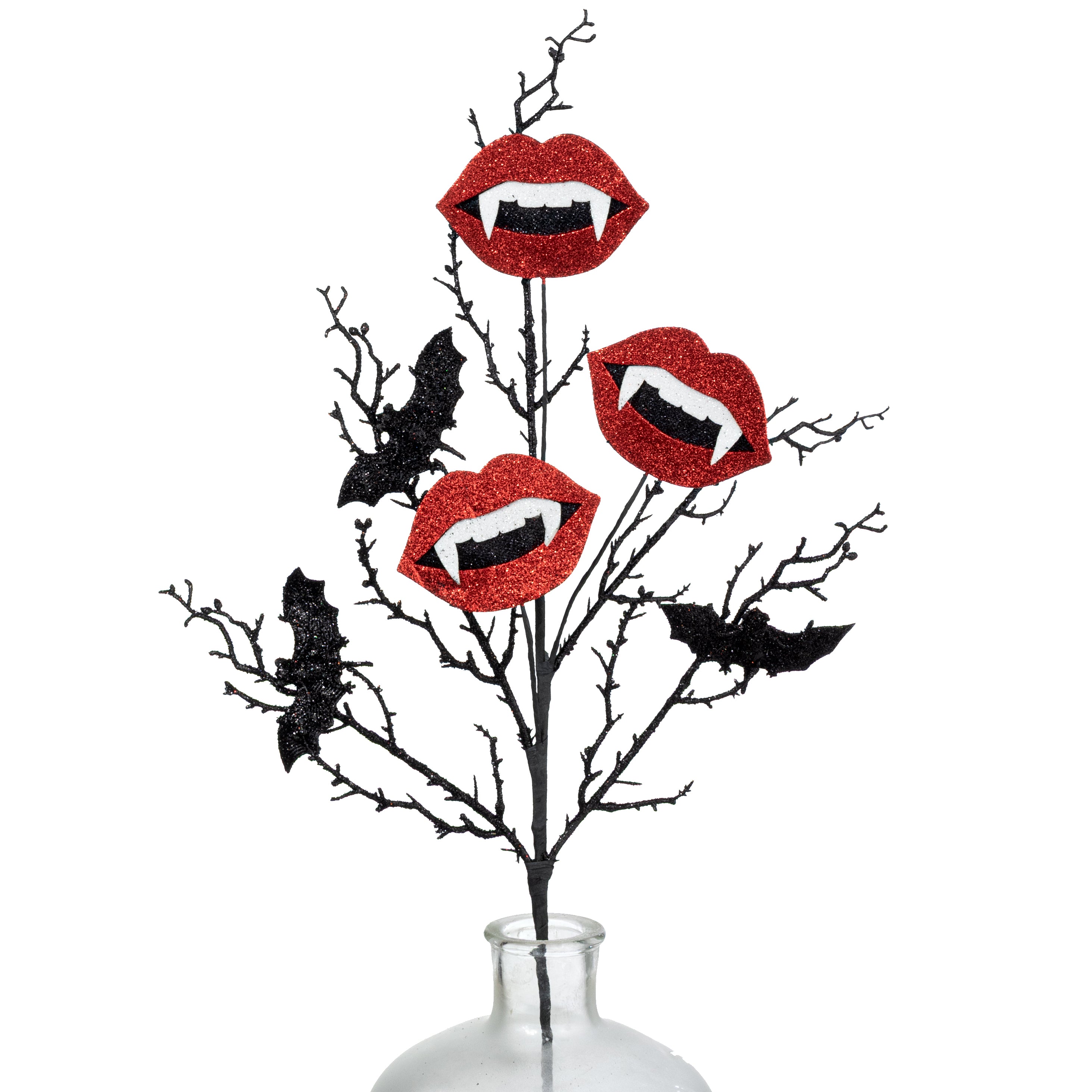 28" Glittered Foam Bats, Twigs & Vampire Lips Spray: Red