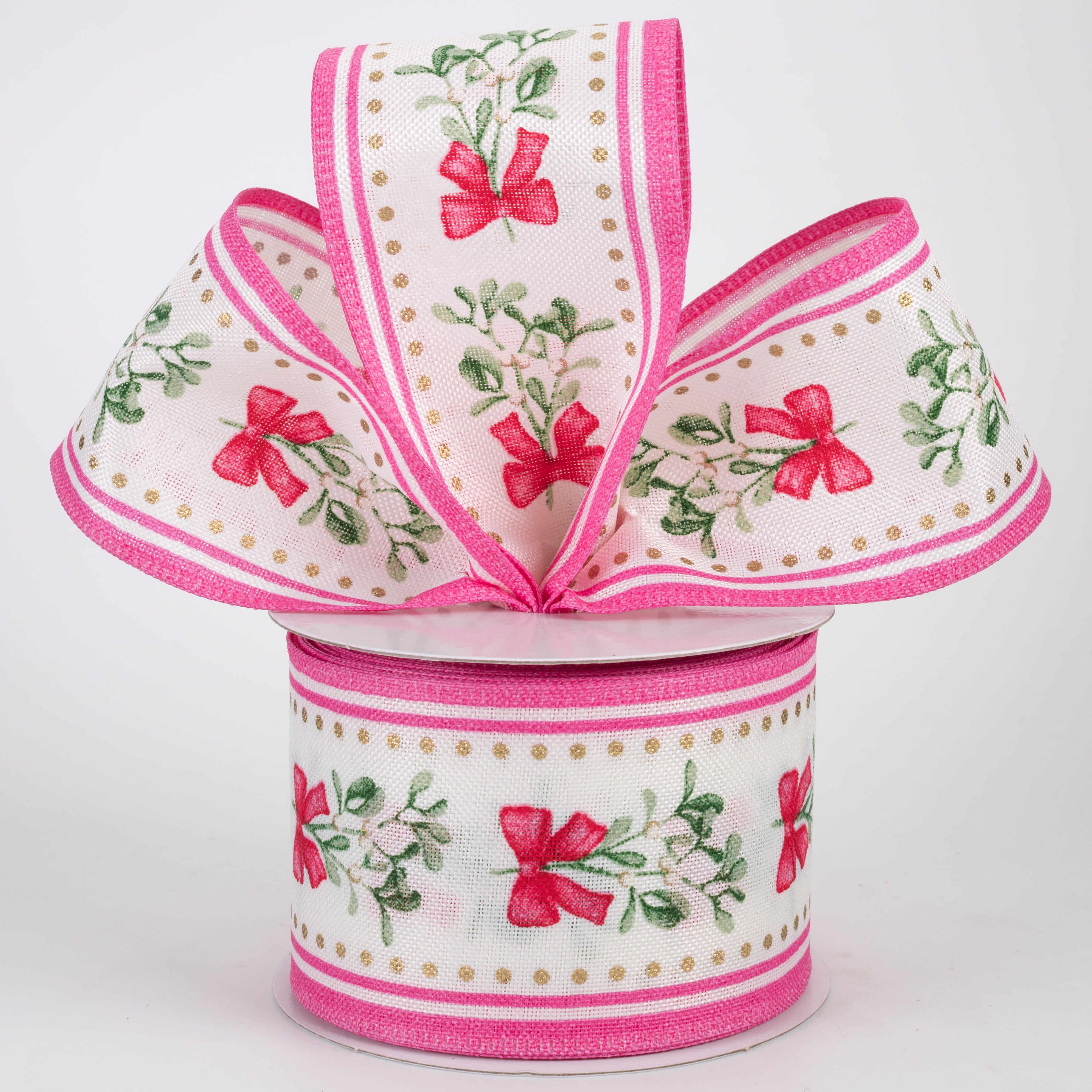 2.5" Linen Mistletoe Bows & Stripe Edges Ribbon: Pink & Ivory (10 Yards)