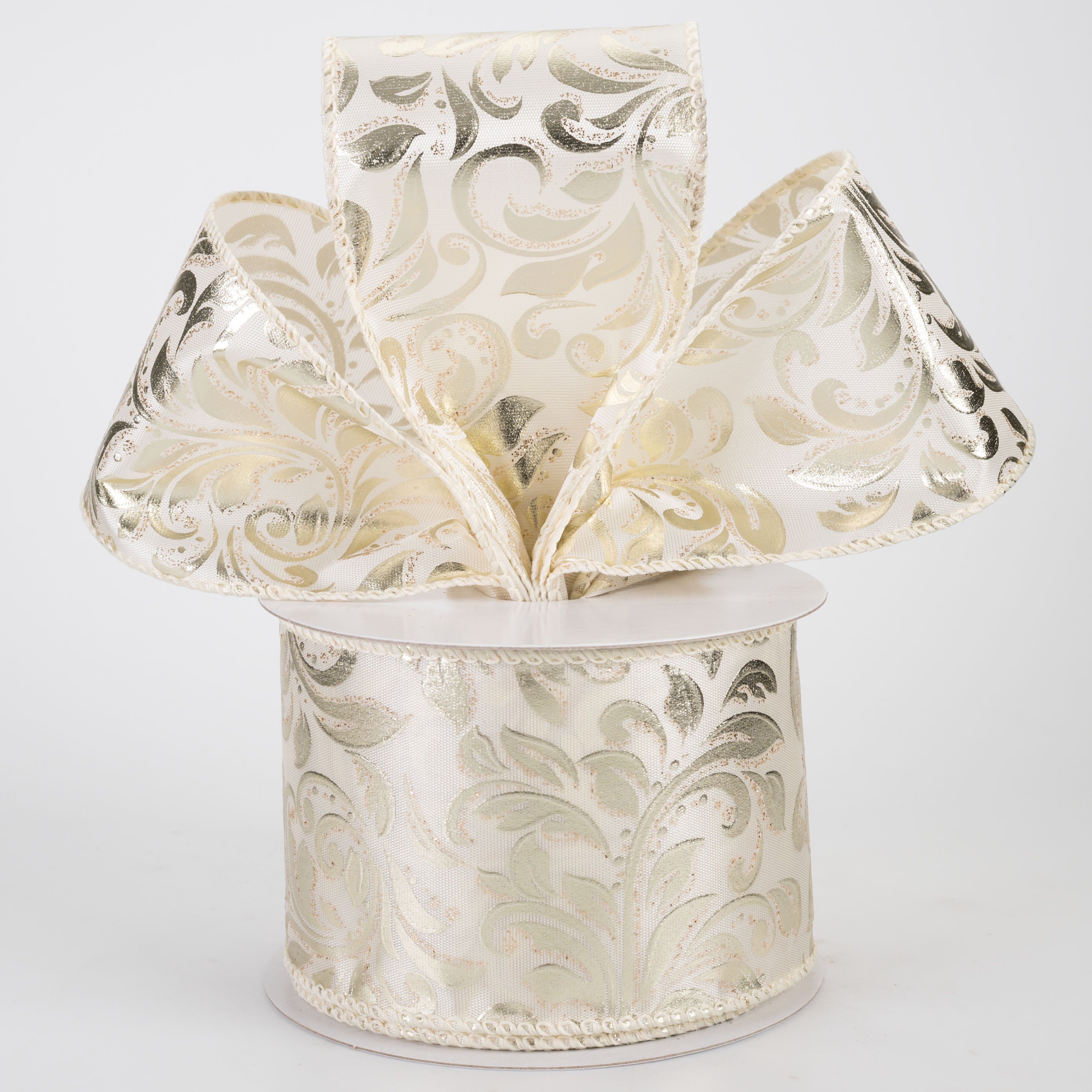 2.5" Floral Swirls Embossed Satin Ribbon: Champagne Gold on Cream (10 Yards)