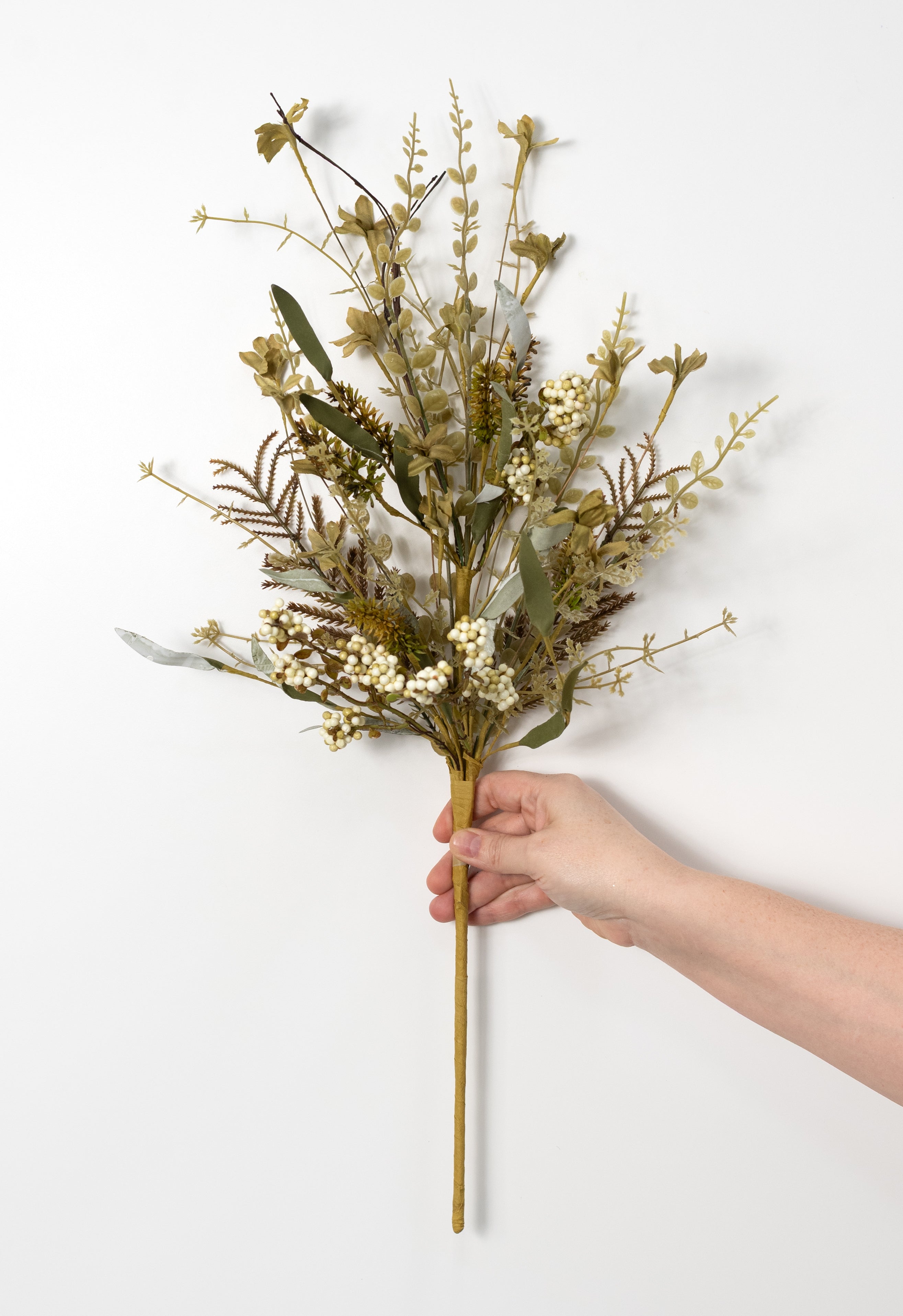 24" Fabric Flower, Leaf, Berry Spray: Moss Green