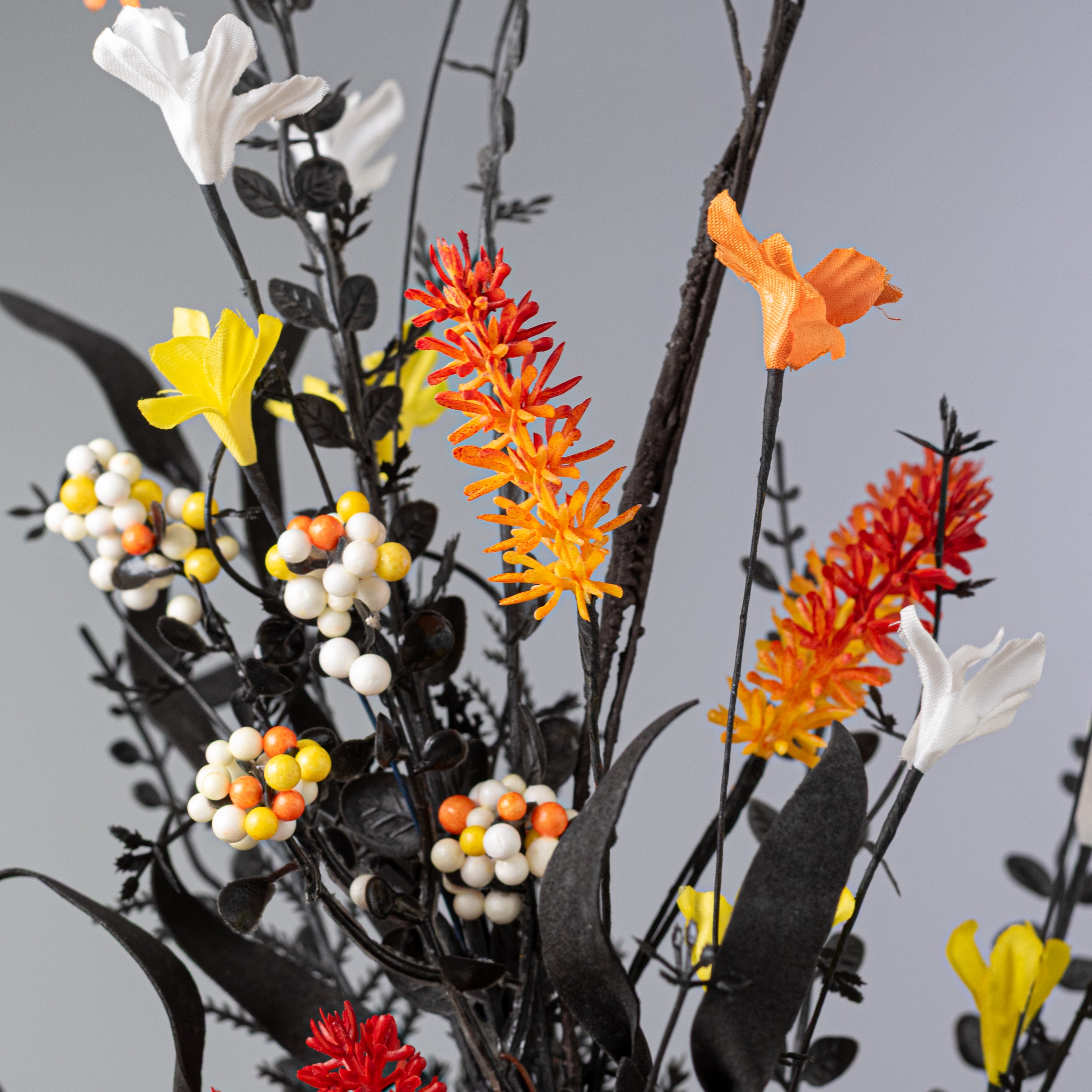 24" Fabric Flower, Leaf, Berry Spray: Candy Corn Hues