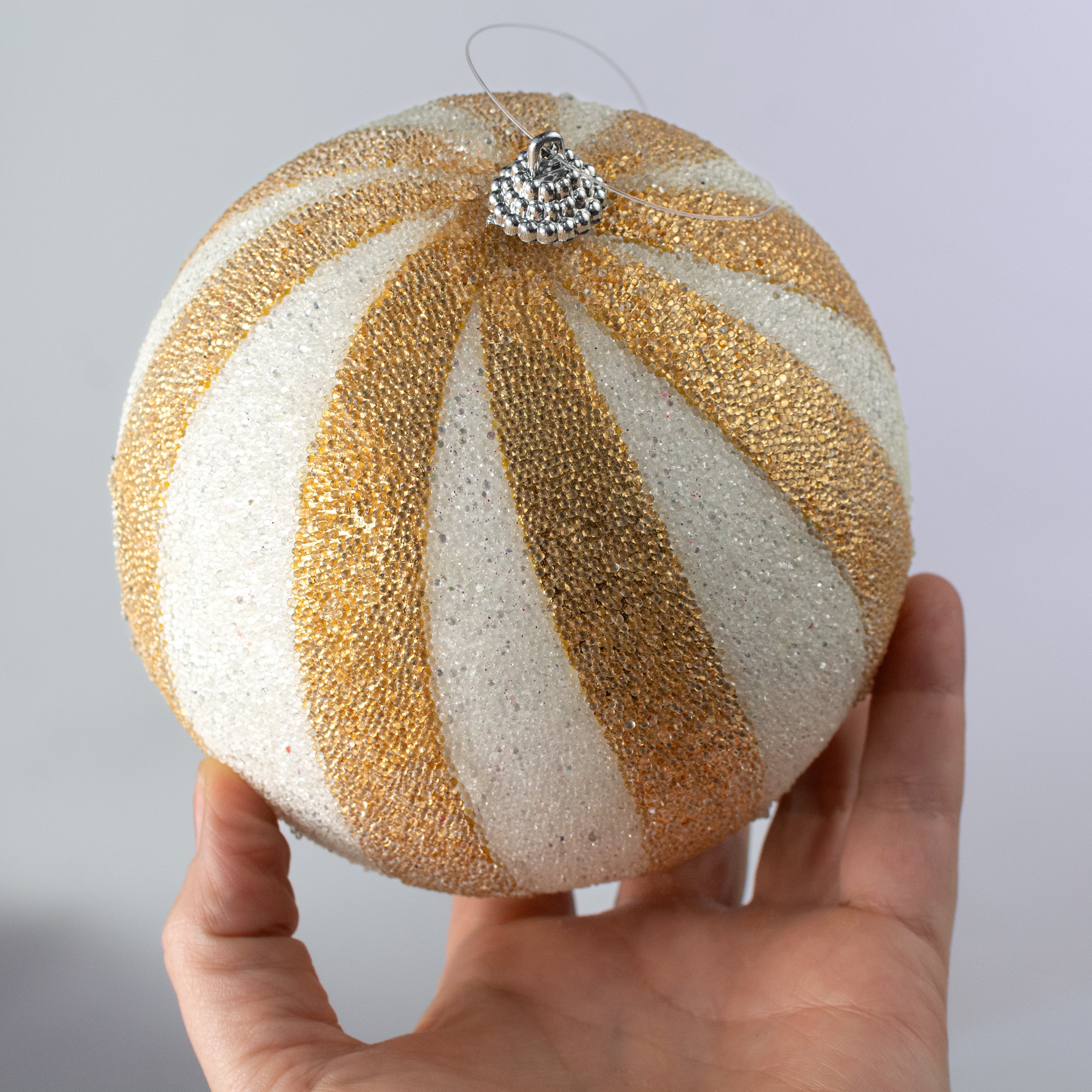 4.5" Micro-bead Spiral Ball Ornament: Gold & White