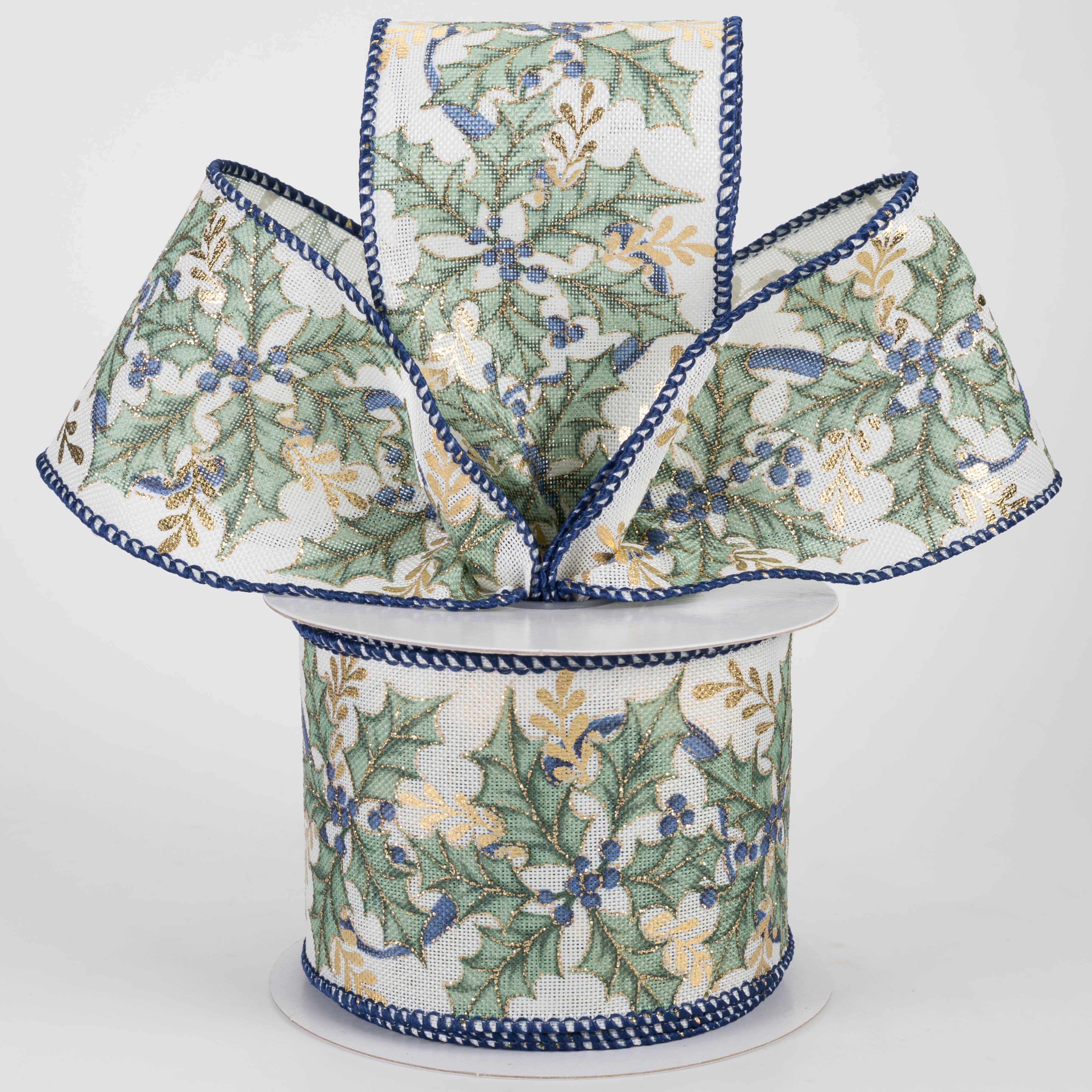 2.5" Linen Holly & Gold Embossed Leaves Ribbon: Blue on Ivory (10 Yards)