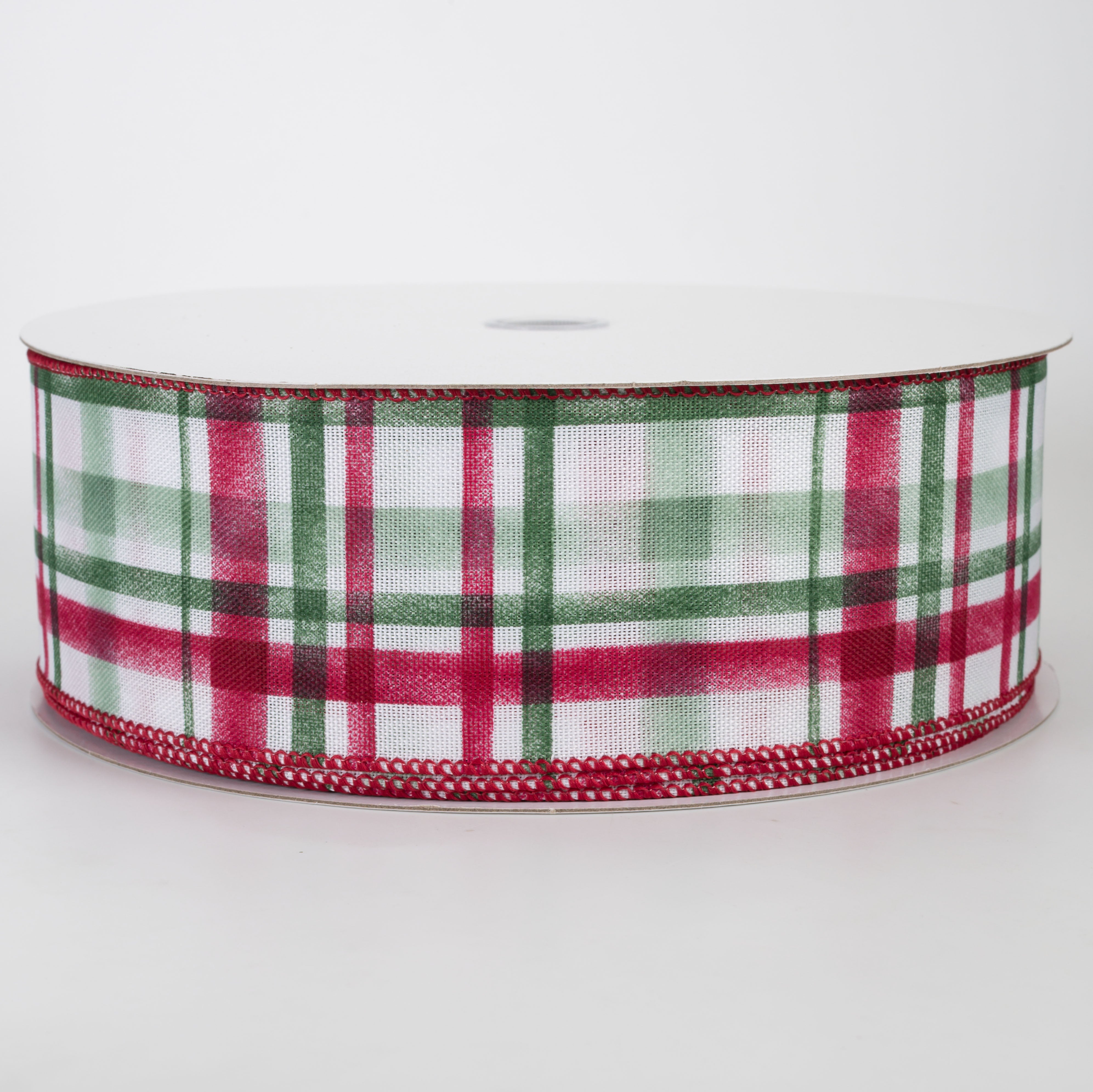 2.5" Linen Tuttola Plaid Ribbon: Cranberry Christmas on White (50 Yards)