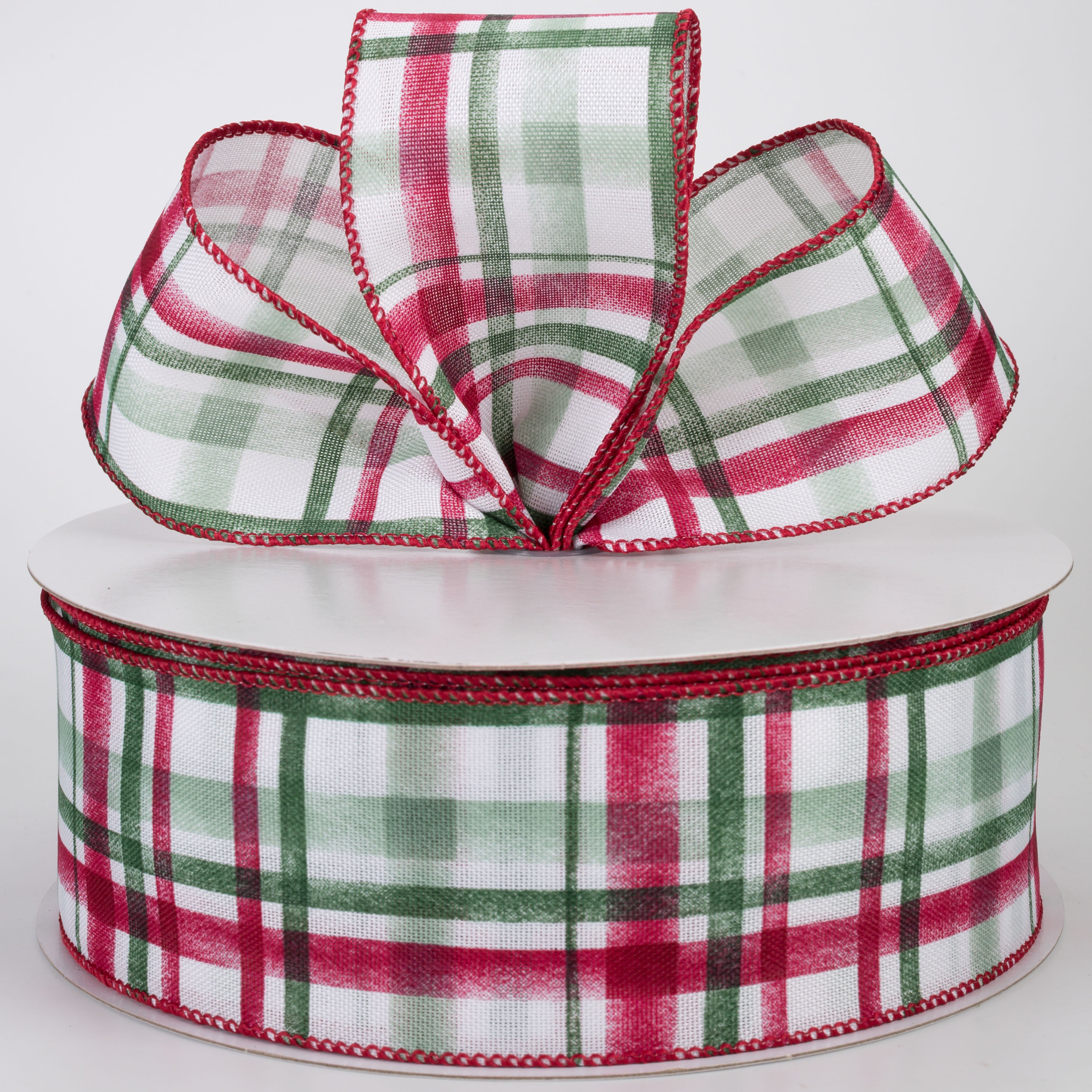 2.5" Linen Tuttola Plaid Ribbon: Cranberry Christmas on White (50 Yards)
