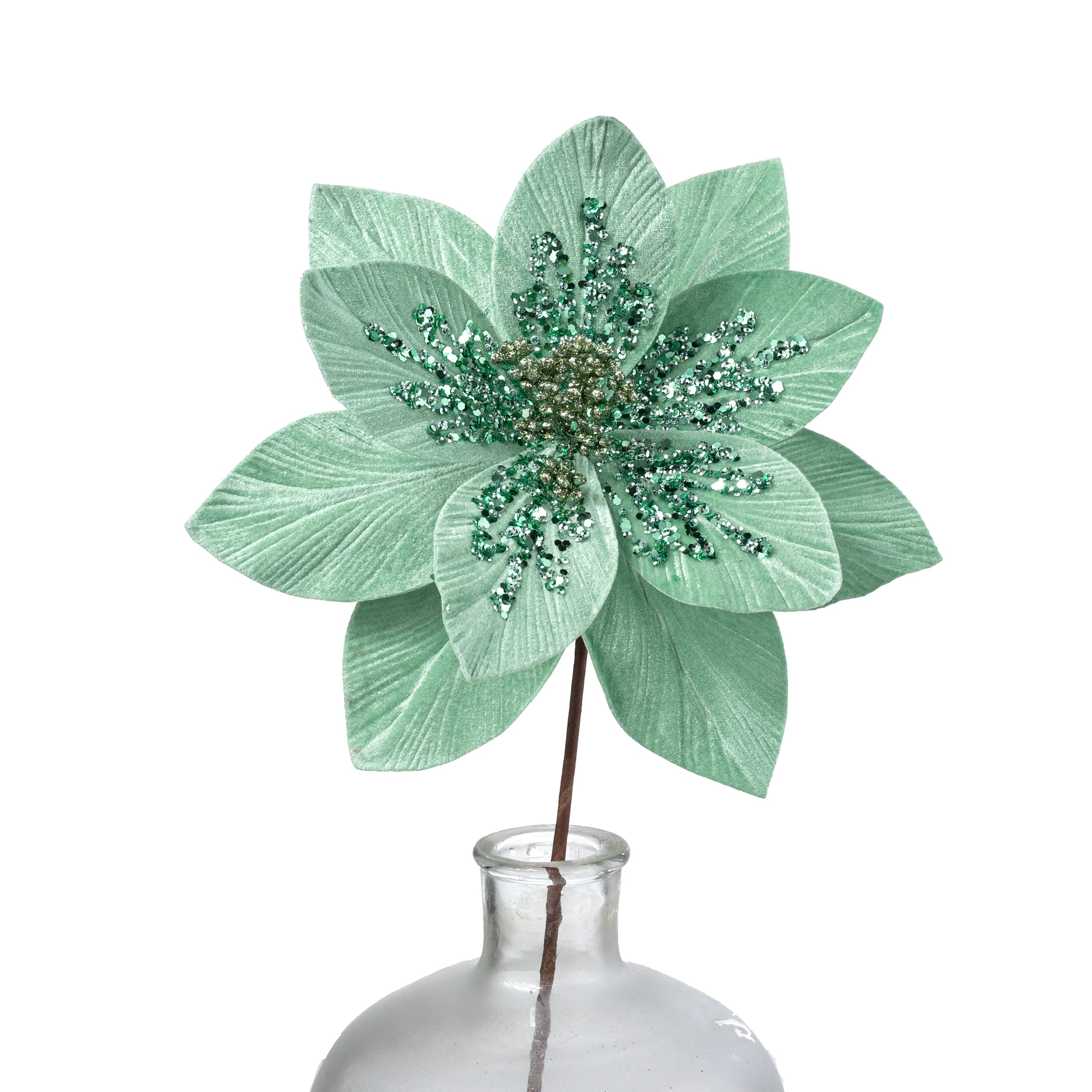 11" x 22" Sequined Velvet Poinsettia Stem: Mint Green